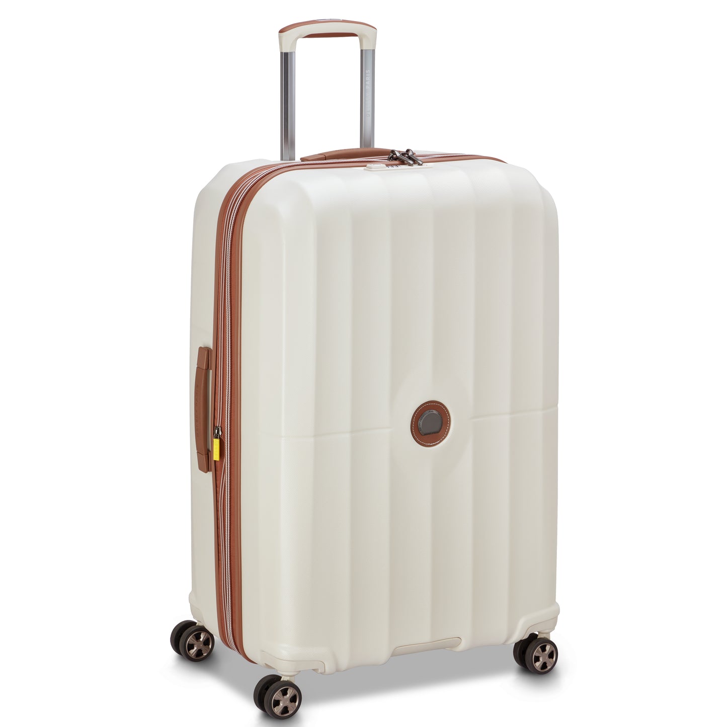 Mala grande expansível off white da DELSEY com design moderno, rodas giratórias duplas e zíper de segurança, ideal para viagens com durabilidade e estilo premium.