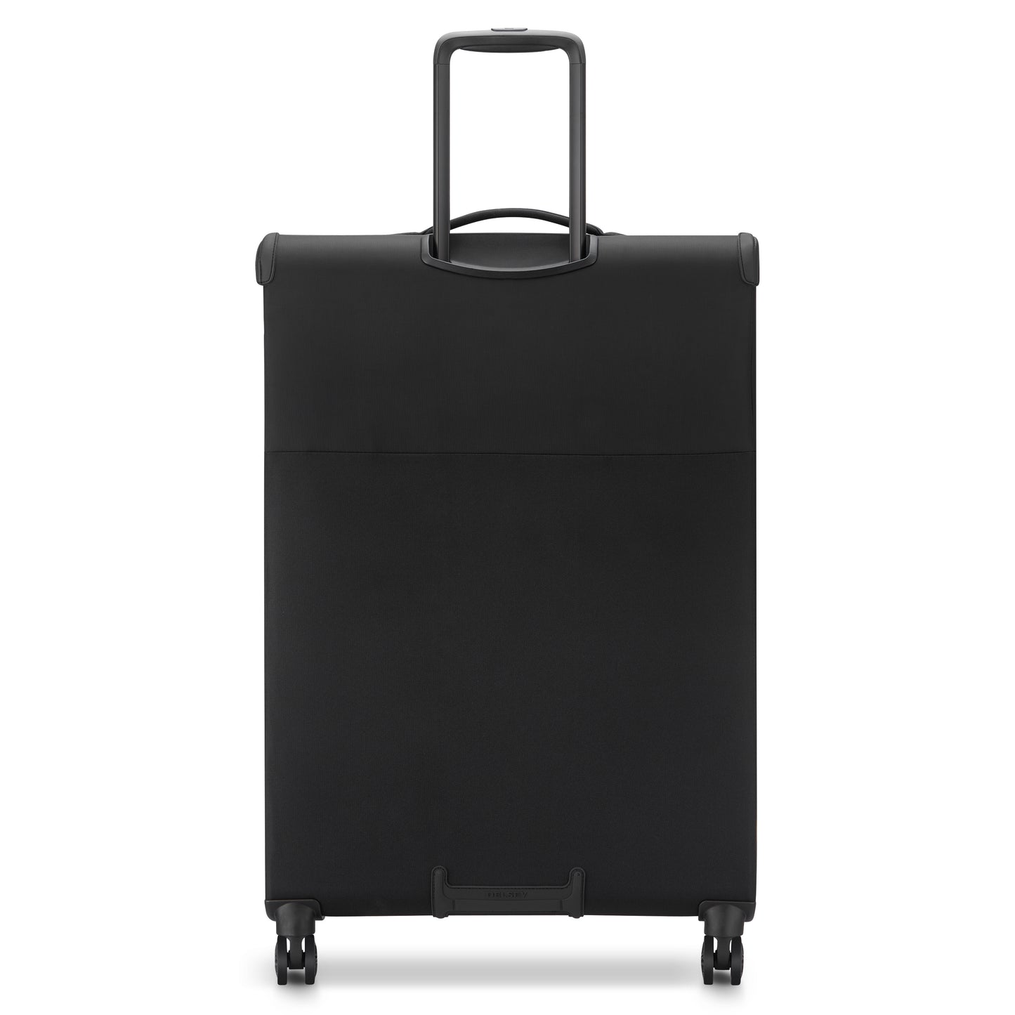 Mala grande expansível preta da DELSEY, com estrutura em tecido resistente, quatro rodinhas giratórias e alça retrátil para facilitar o transporte em viagens.
