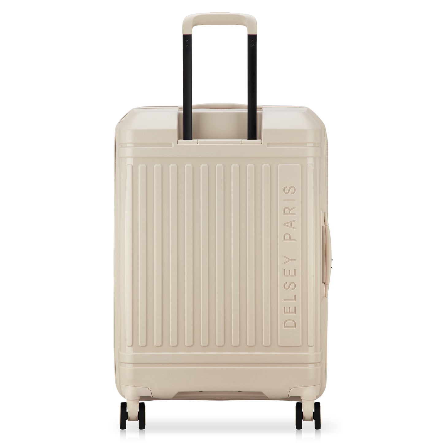 Mala média expansível bege da DELSEY, com estrutura rígida, acabamento elegante e rodas duplas para fácil manuseio em viagens.