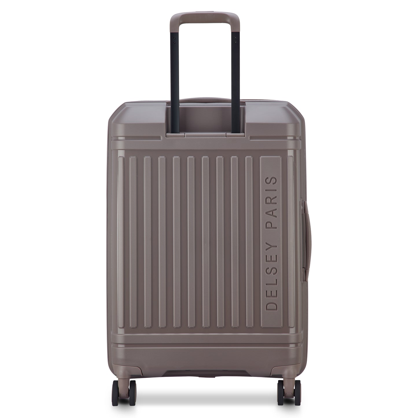 Mala média expansível DELSEY em tom castanho claro, estilo rígido com rodas giratórias e alça retrátil para facilitar o transporte em viagens.