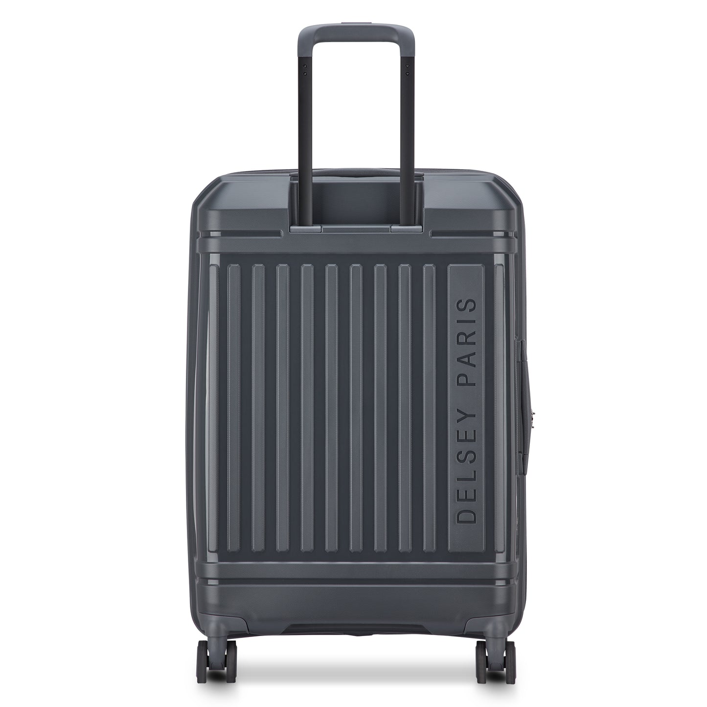 Mala média expansível cinza escuro da DELSEY, com design rígido, quatro rodas giratórias e alça retrátil, ideal para viagens com segurança e durabilidade premium.