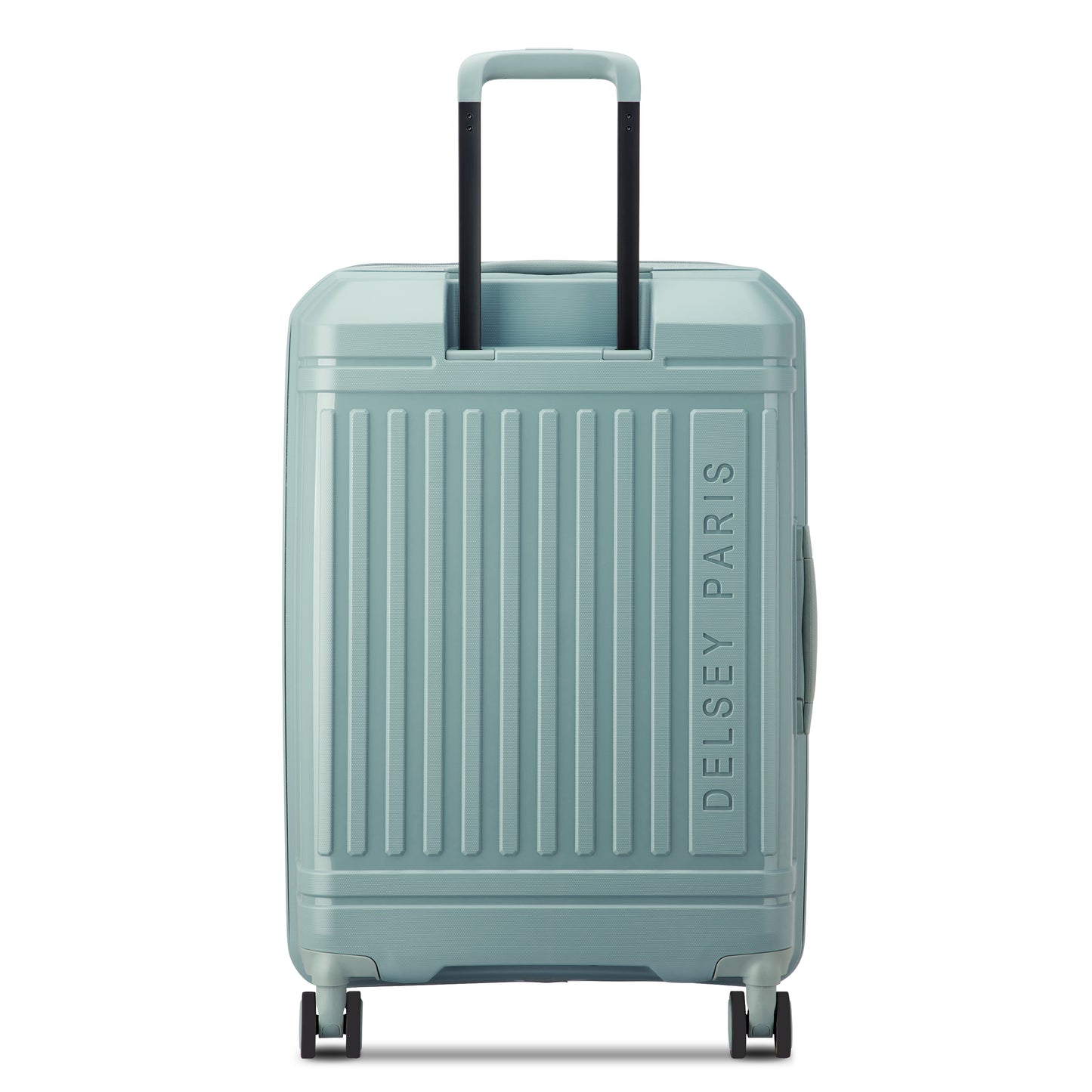 Mala média expansível verde claro da DELSEY, com design rígido, quatro rodas giratórias e alça retrátil, ideal para viagem com durabilidade e estilo.