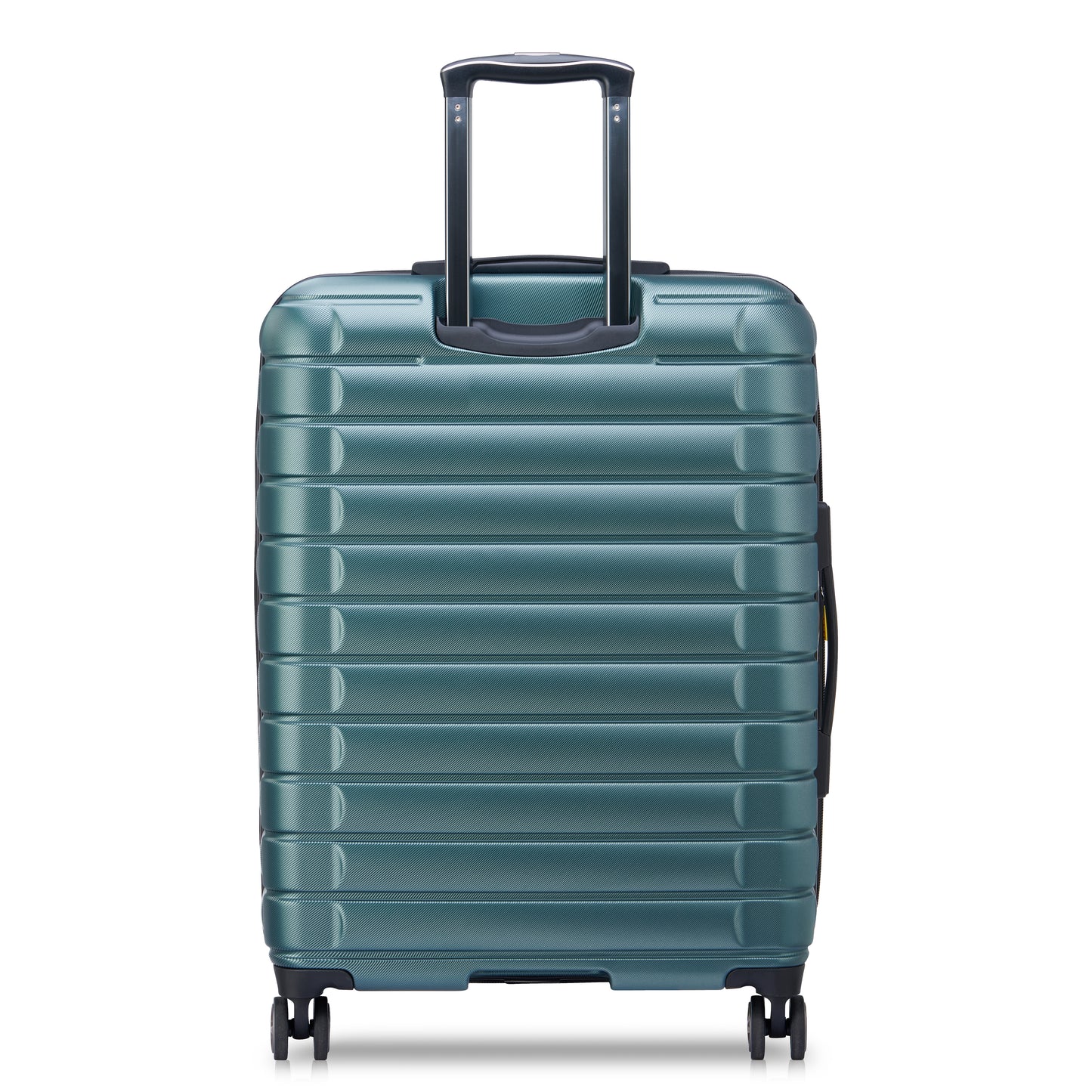 Mala média expansível verde iguana da DELSEY, com design rígido em polipropileno, alça retrátil e quatro rodas multidirecionais para fácil mobilidade em viagens.