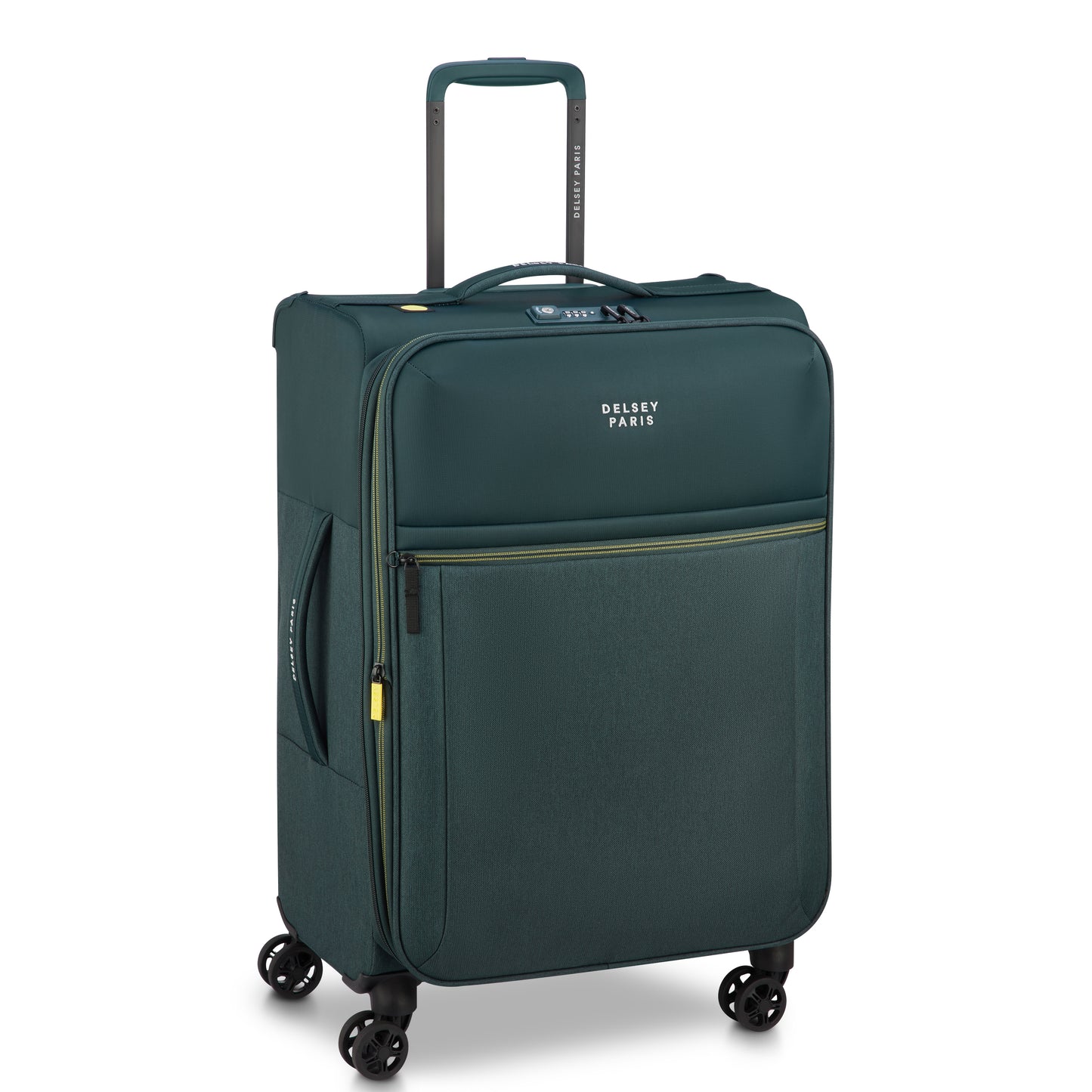 Mala média expansível verde da DELSEY com design elegante, rodas giratórias 360 graus e zíper resistente, ideal para viagens com segurança e praticidade.