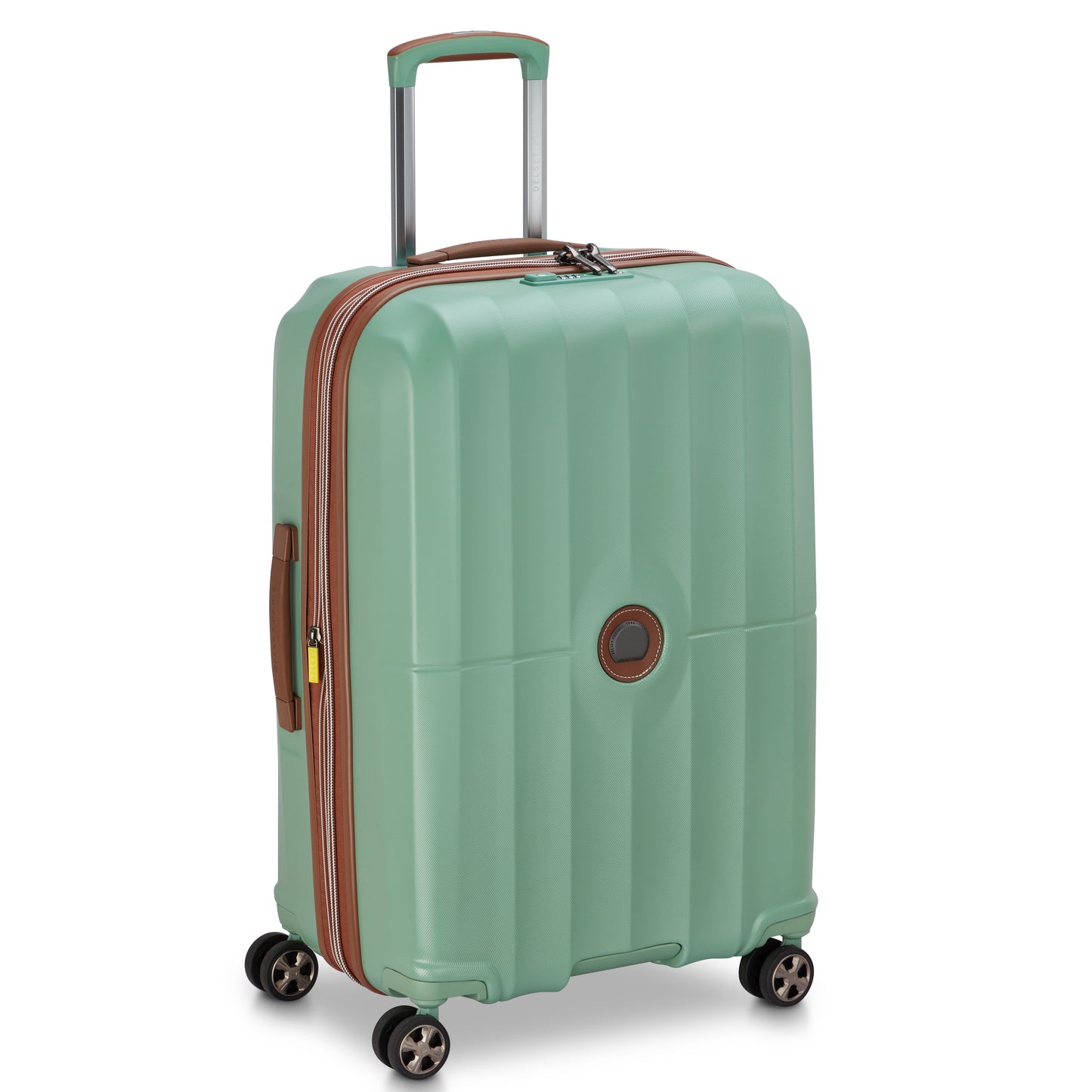 Mala média expansível verde claro da DELSEY, com rodinhas giratórias 360°, acabamento resistente e design moderno para viagens confortáveis e organizadas.