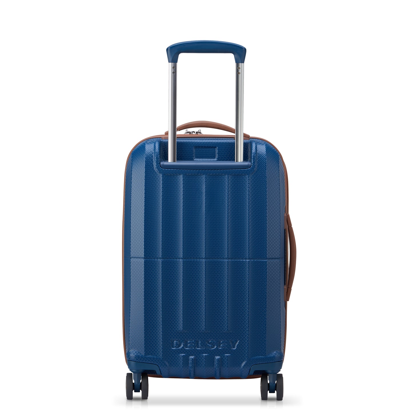 Mala de bordo expansível azul escuro da DELSEY com design rígido, rodas giratórias e alça retrátil, ideal para viagens com durabilidade e estilo premium.
