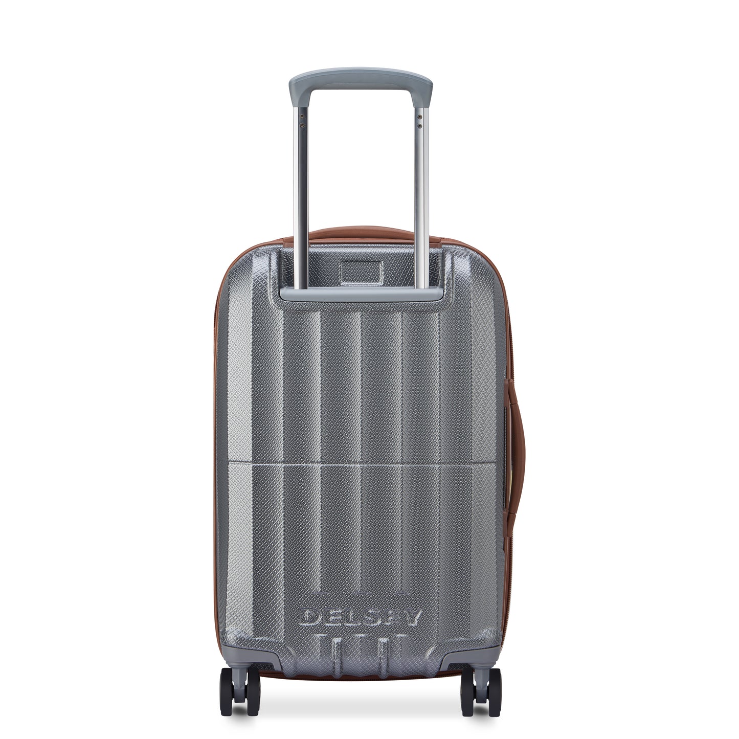 Mala de bordo cinza com acabamento em marrom da DELSEY, expandível, com rodas giratórias e alça telescópica, ideal para viagens com design resistente e moderno.