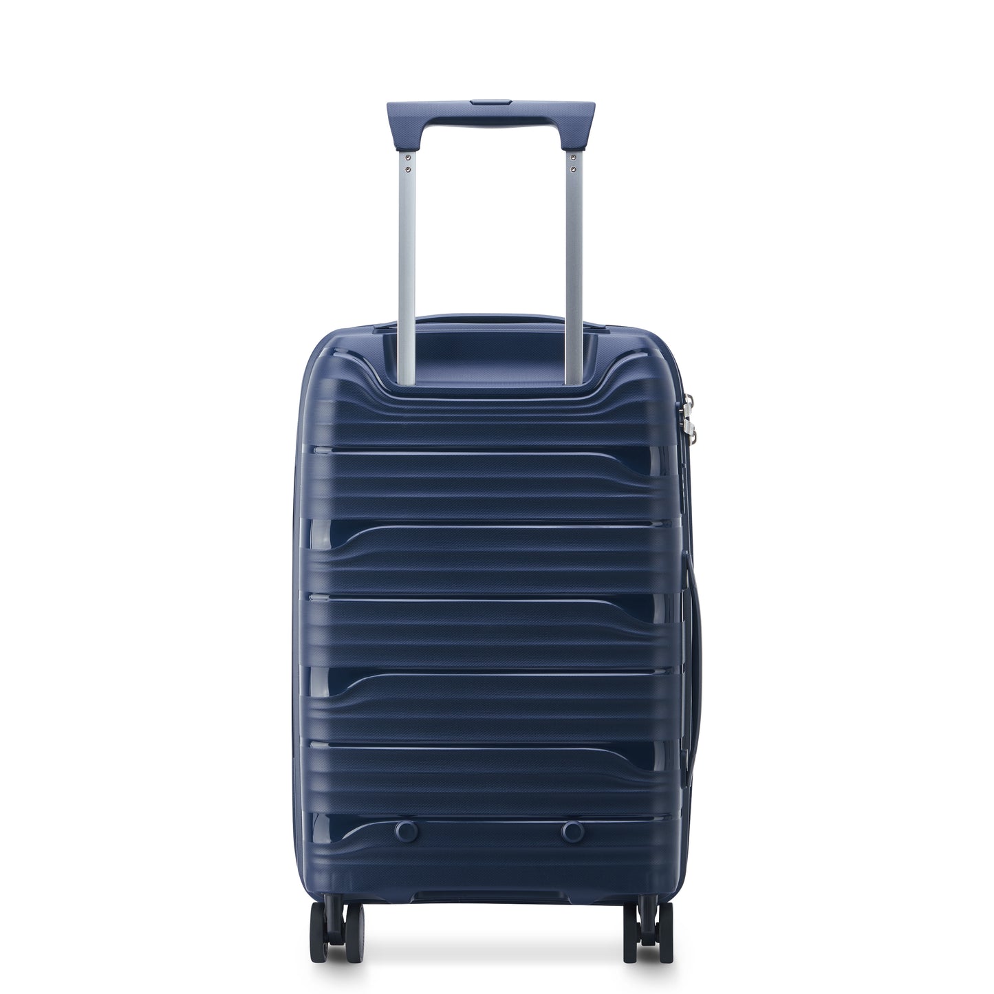 Mala de bordo expansível azul escuro da SECURITECH, feita em polipropileno resistente, com rodas giratórias e alça telescópica para viagens práticas e duráveis.