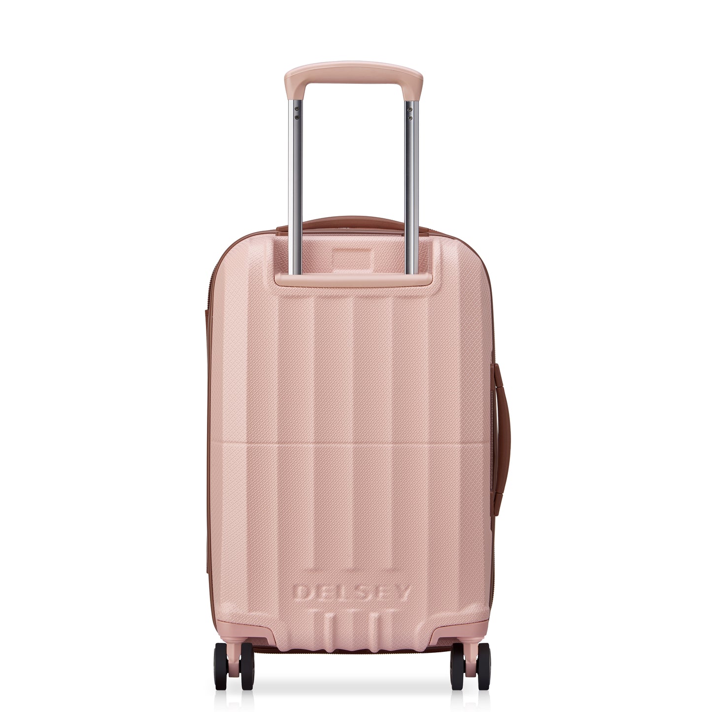 Mala de bordo expansível DELSEY na cor rosa, modelo compacto com quatro rodas giratórias, cabo retrátil e acabamento rígido ideal para viagem.
