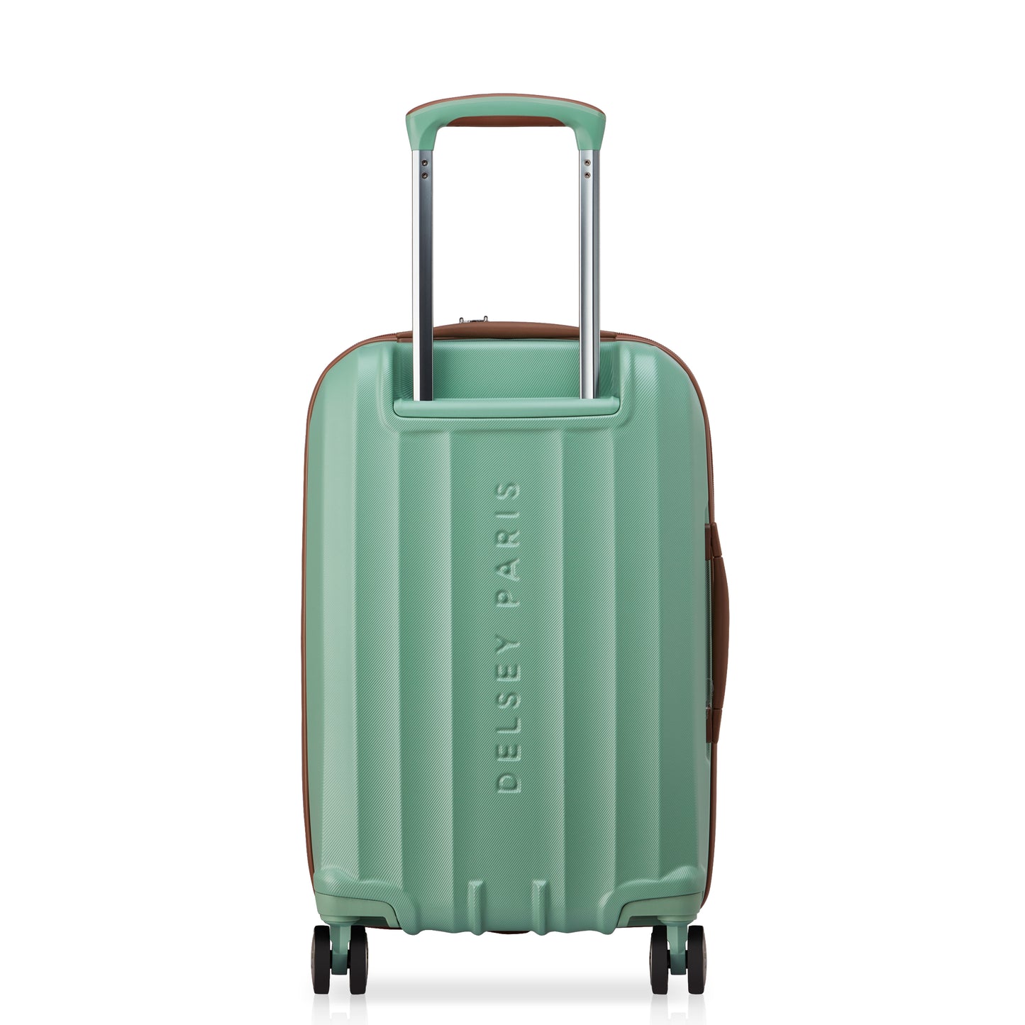Mala de bordo expandível verde claro da DELSEY, com design rígido, rodas giratórias e alça telescópica para viagens práticas e seguras.