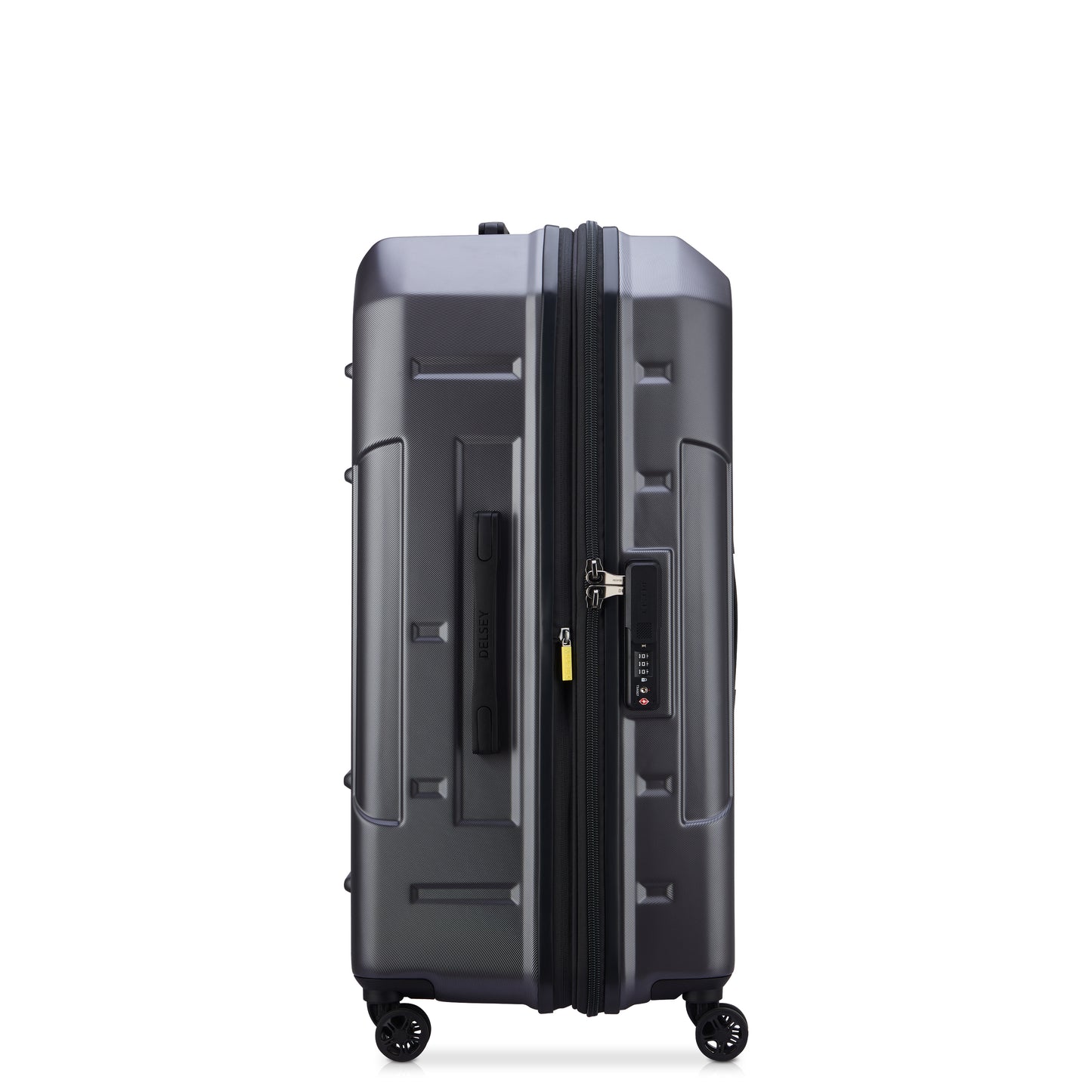 Mala de viagem rígida grande expansível em policarbonato cinza escuro, com zíper antifurto e rodinhas 360°, modelo trunk da DELSEY, ideal para despachar.