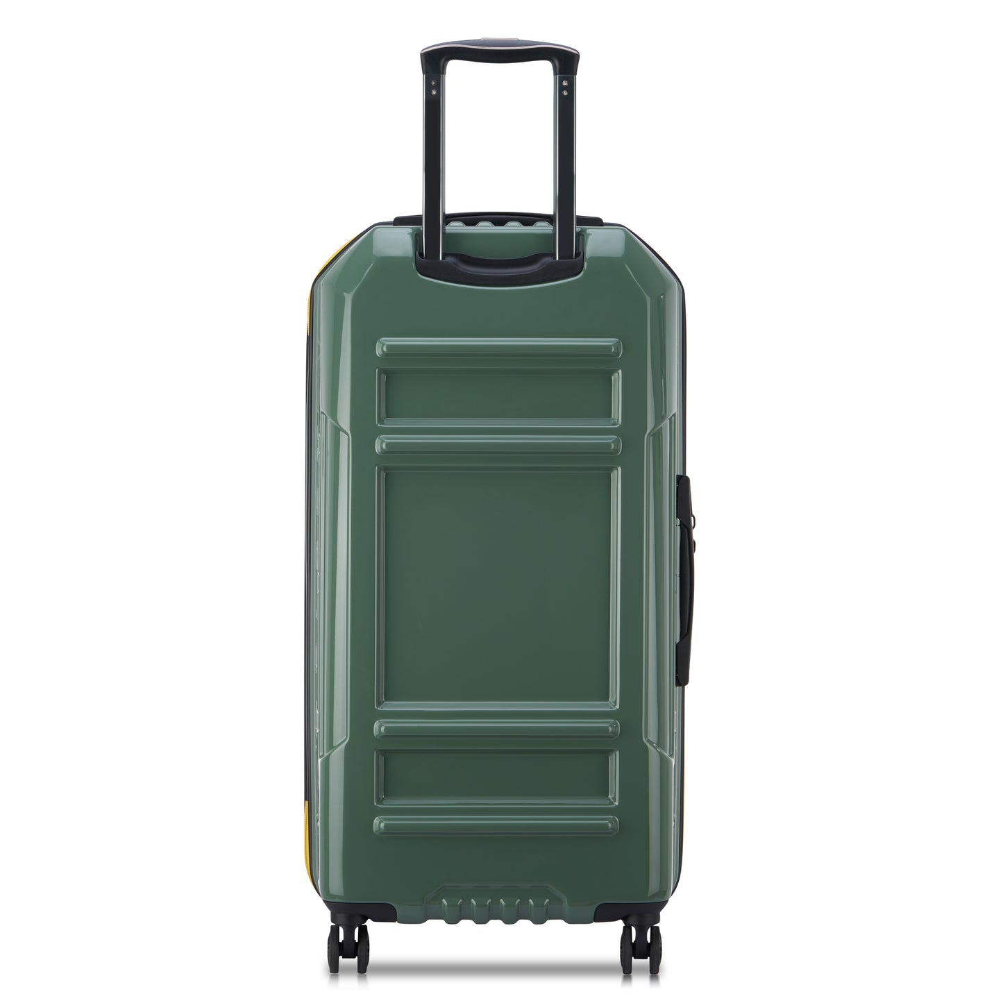 Mala grande rígida expansível na cor verde cactus com design trunk, rodas giratórias e puxador telescópico, fabricada pela DELSEY, reconhecida pela durabilidade e inovação.
