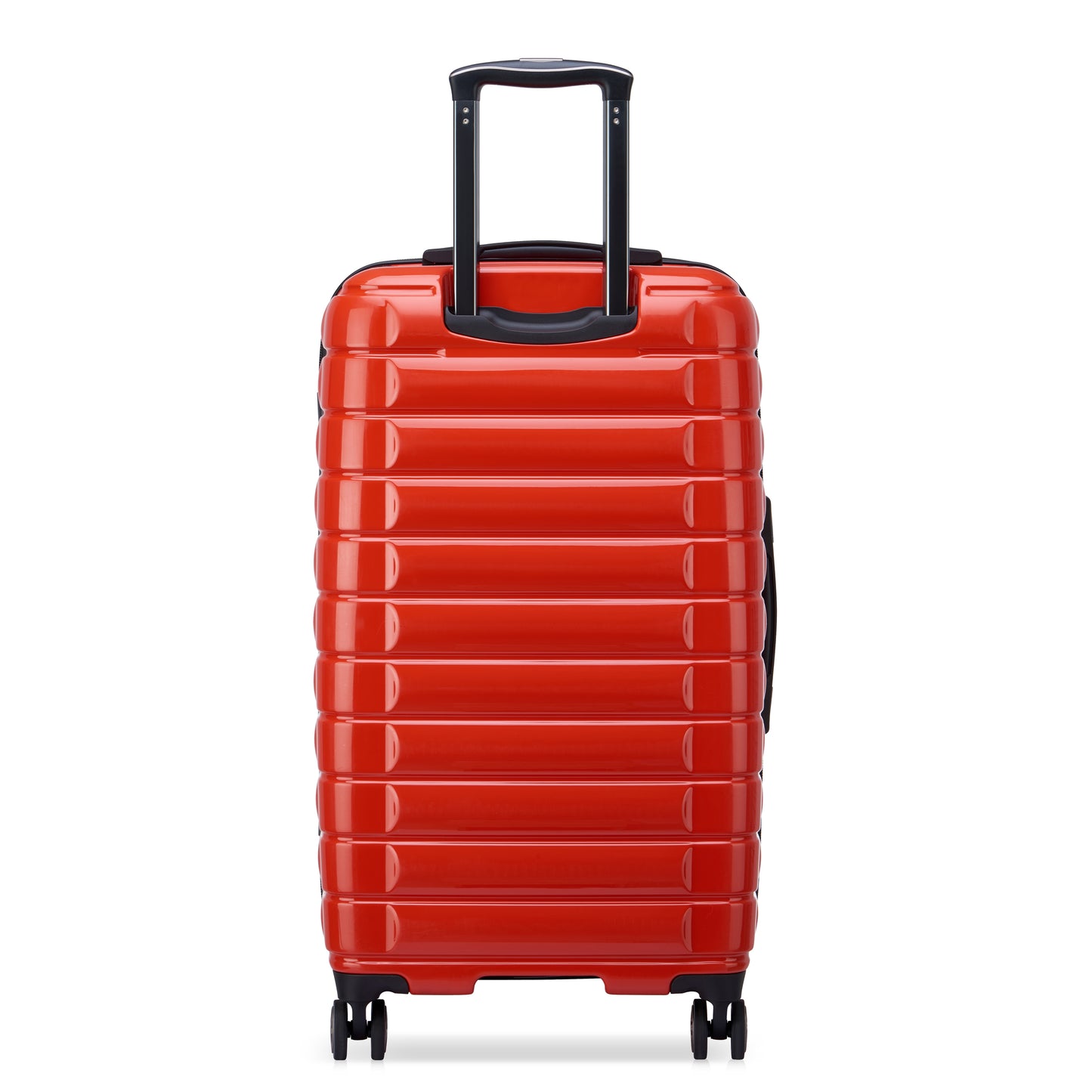 Mala rígida laranja de médio porte com design trunk, confeccionada em policarbonato, com alça retrátil e rodinhas 360°, produto da marca DELSEY.