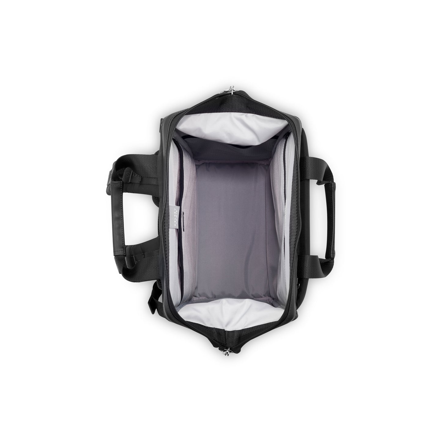 Mochila preta para notebook da DELSEY, com interior espaçoso e design funcional, ideal como acessório resistente para uso diário e viagens.
