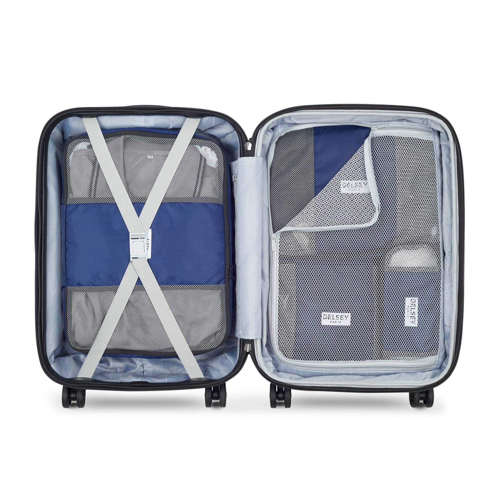 Mala de viagem aberta com kit organizador azul escuro da DELSEY, com compartimentos em malha para melhor organização de roupas e acessórios durante viagens.