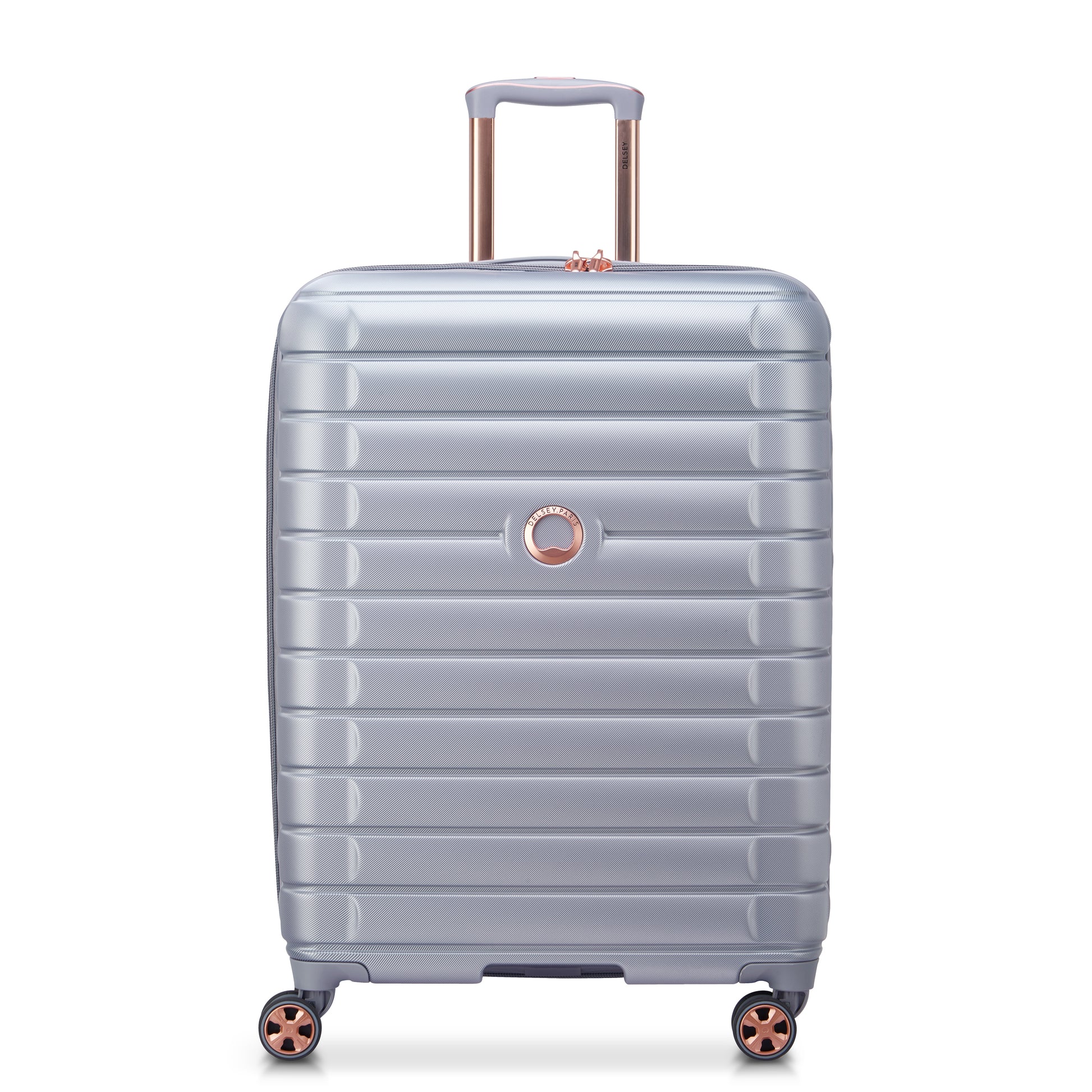 Mala média expansível cinza da DELSEY com design moderno, rodas giratórias e estrutura rígida resistente para viagens seguras e práticas.