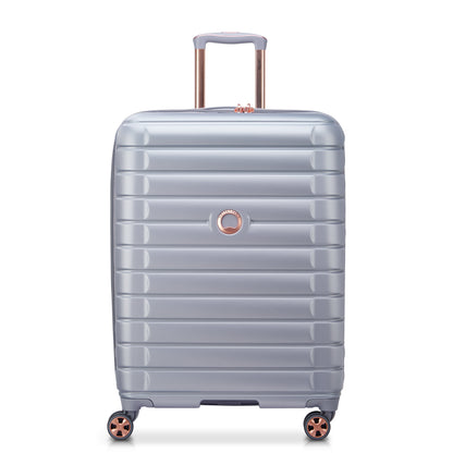 Mala média expansível cinza da DELSEY com design moderno, rodas giratórias e estrutura rígida resistente para viagens seguras e práticas.