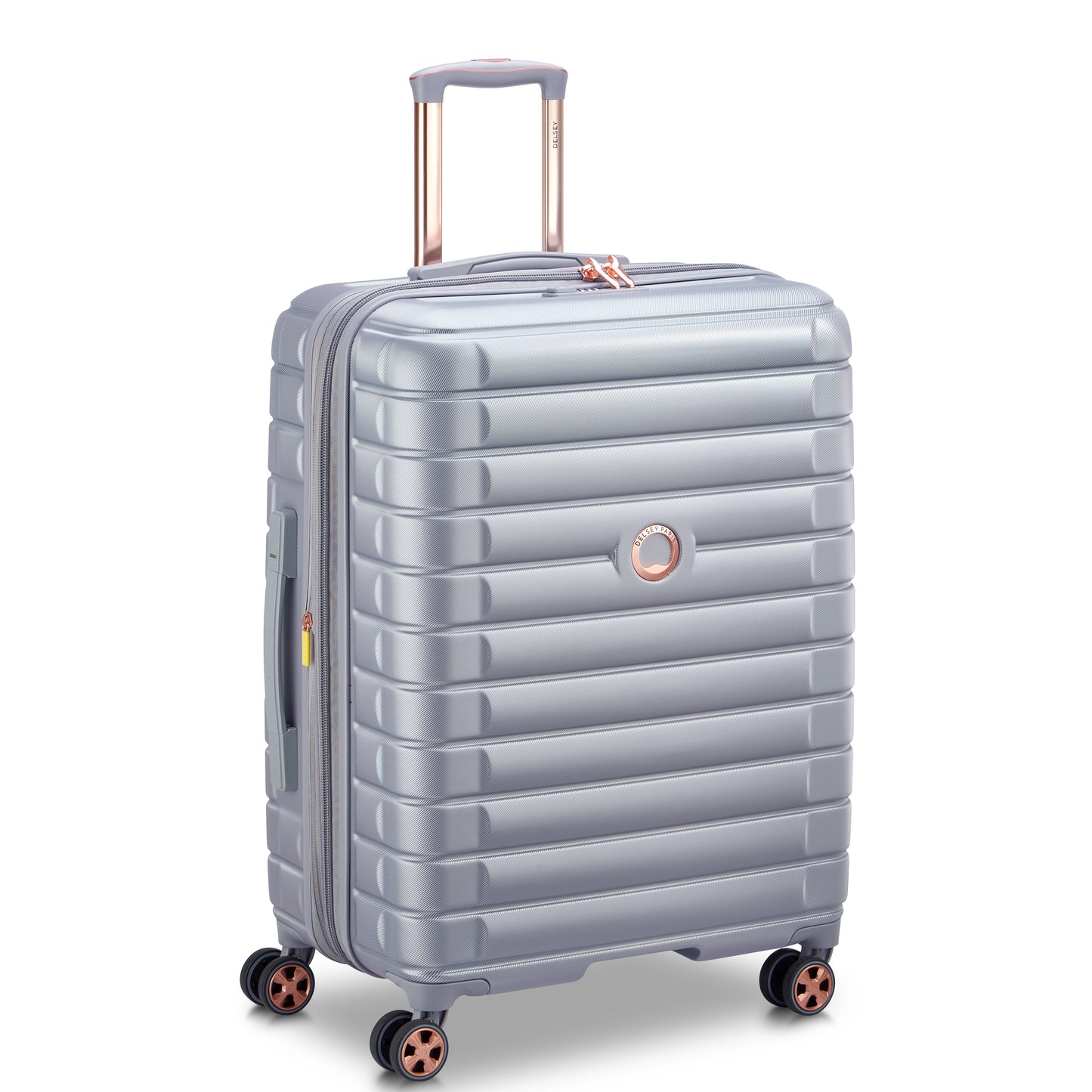 Mala média expansível cinza da DELSEY com design moderno, rodas giratórias, alça telescópica e zíper antifurto, ideal para viagens com estilo e durabilidade.