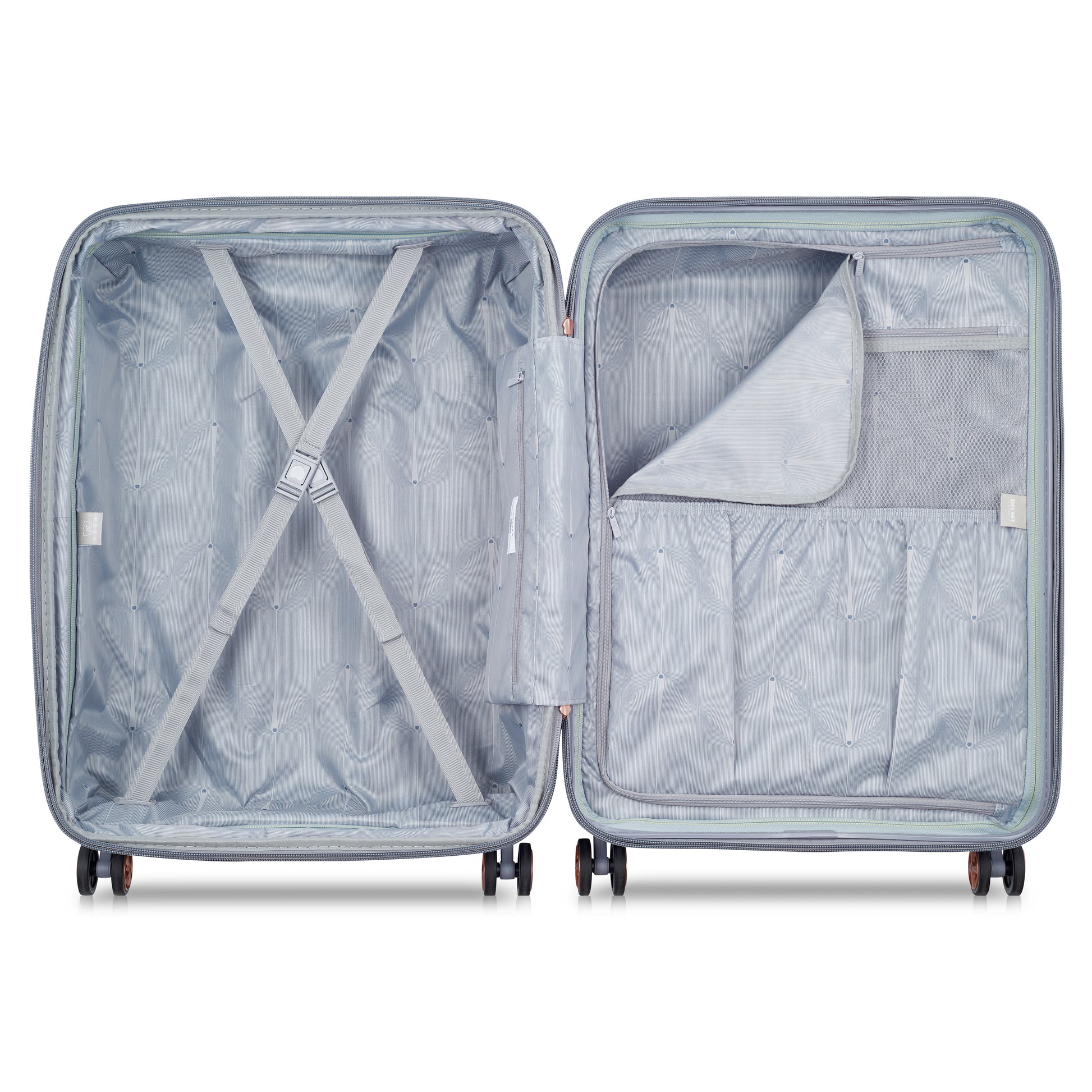 Interior de mala média expansível cinza da DELSEY com compartimentos organizadores e cintas de segurança, design funcional e materiais duráveis para viagem.