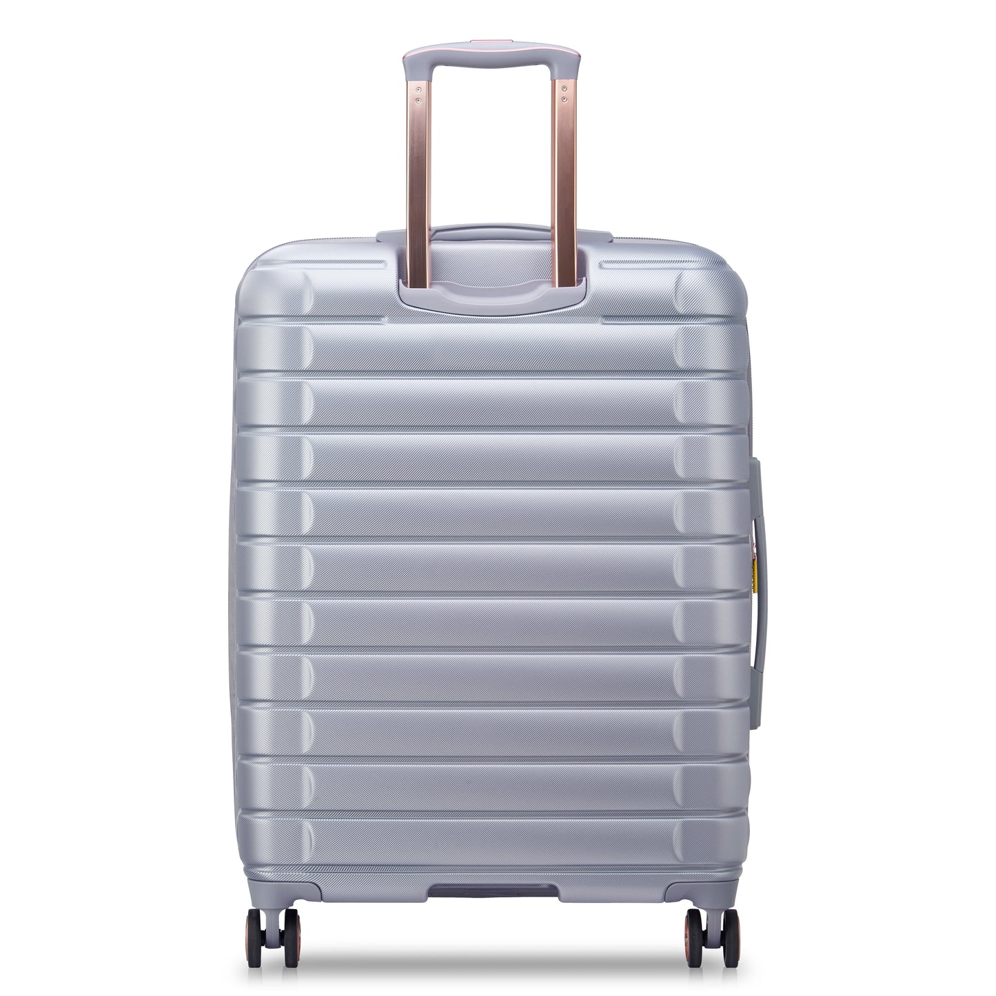 Mala média expansível cinza da DELSEY, rígida e durável, com alça retrátil e rodas giratórias 360°, ideal para viagens e padrão ANAC.