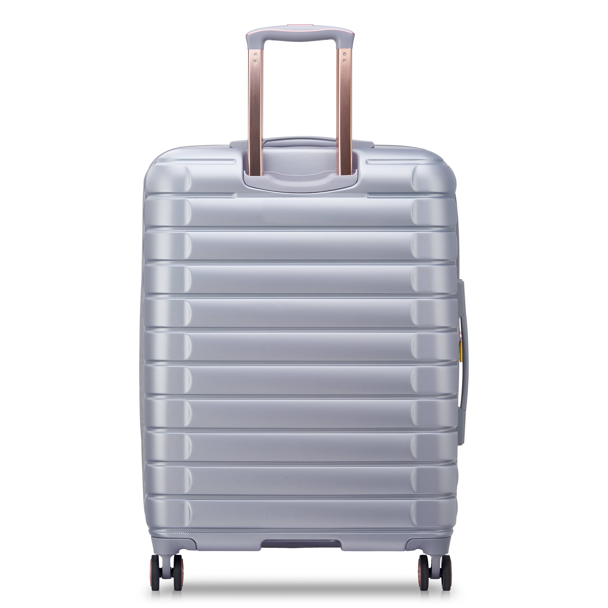 Mala média expansível cinza da DELSEY, rígida e durável, com alça retrátil e rodas giratórias 360°, ideal para viagens e padrão ANAC.