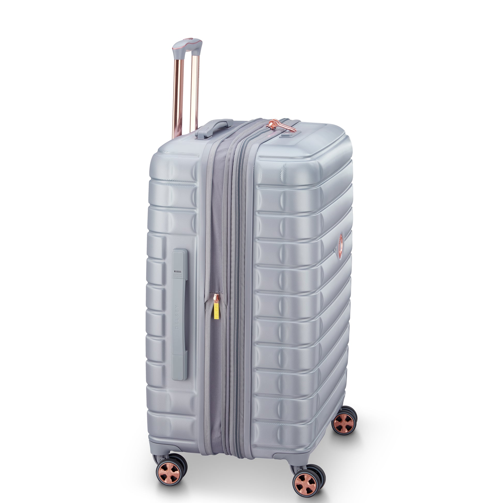 Mala média expansível cinza com rodinhas giratórias e puxador retrátil, design moderno e resistente da marca francesa DELSEY, ideal para viagens.