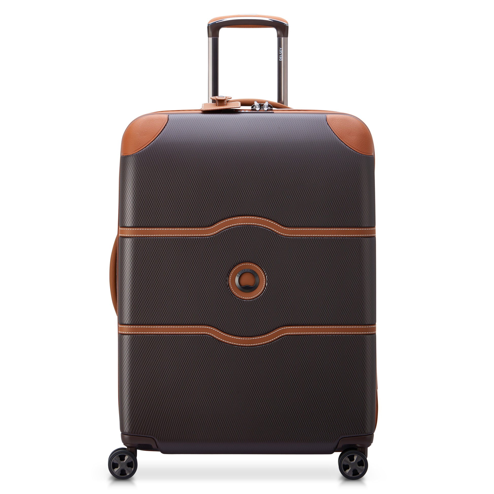 Mala média rígida chocolate com detalhes em marrom, rodas giratórias 360°, alça telescópica e resistência reforçada, modelo Chatelet Air 2.0 da DELSEY.