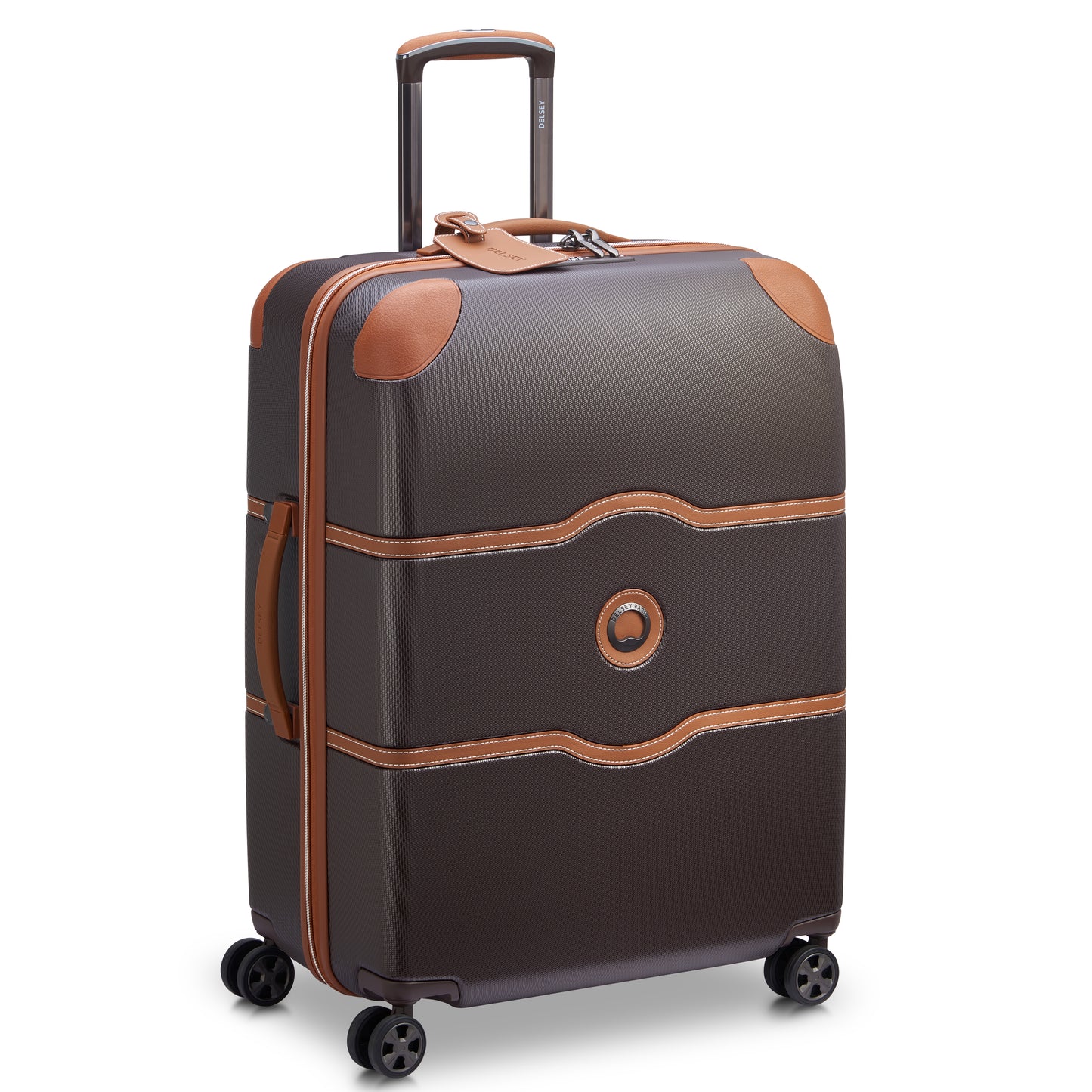 Mala média rígida de viagem na cor chocolate com detalhes em marrom claro, rodas giratórias e alça retrátil, modelo resistente e elegante da DELSEY.