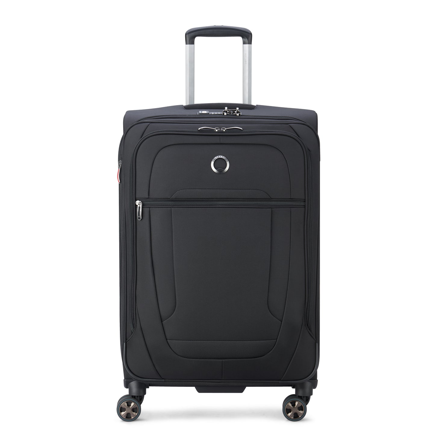 Mala média expansível preta da DELSEY, com tecido resistente, rodas giratórias 360° e alça retrátil, ideal para viagem com design durável e funcional.