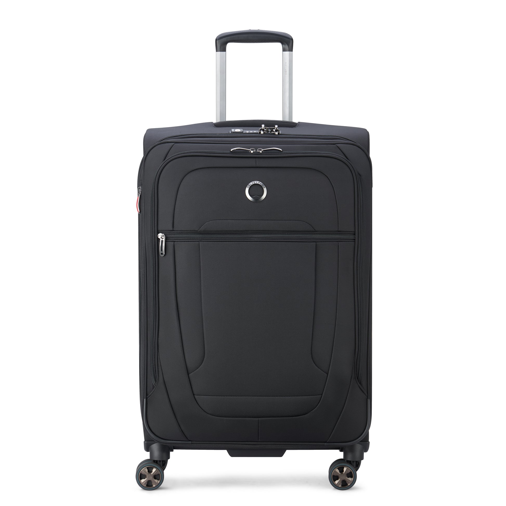 Mala média expansível preta da DELSEY, com tecido resistente, rodas giratórias 360° e alça retrátil, ideal para viagem com design durável e funcional.