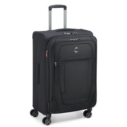 Mala média expansível preta da DELSEY, com rodas 360°, design resistente em tecido e trava TSA para segurança em viagens.