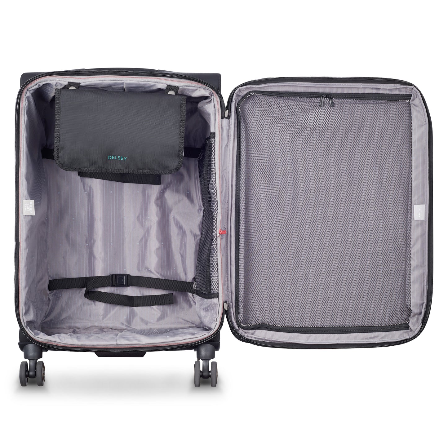 Mala média expansível preta da DELSEY com compartimentos internos organizadores, zíperes de proteção e rodas giratórias para facilitar o transporte em viagens.