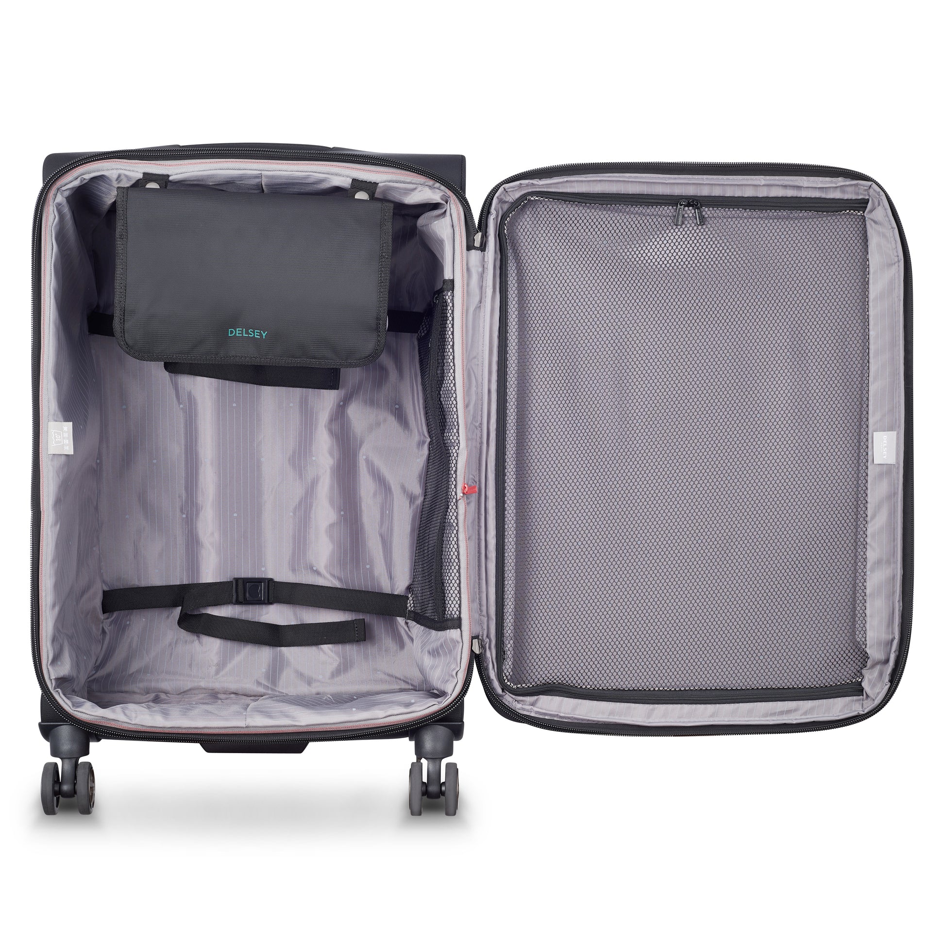 Mala média expansível preta da DELSEY com compartimentos internos organizadores, zíperes de proteção e rodas giratórias para facilitar o transporte em viagens.