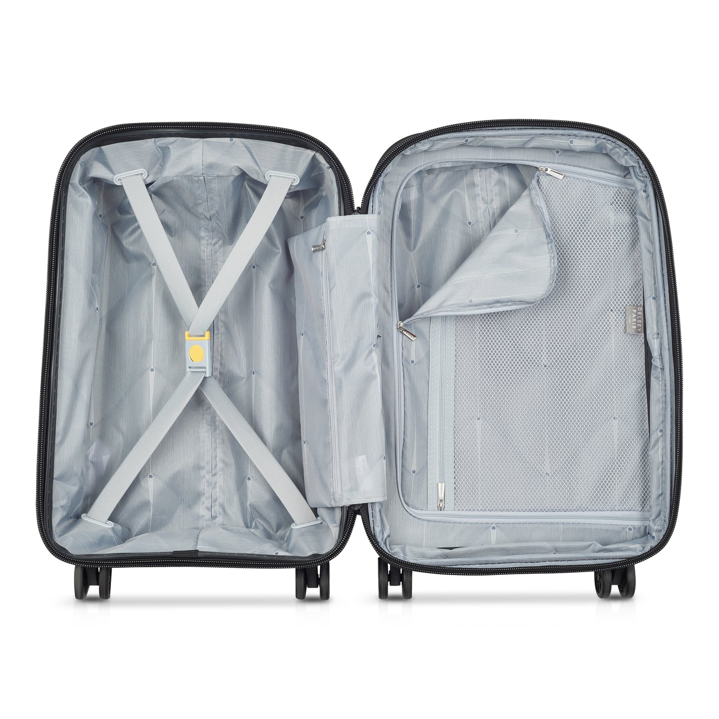 Interior aberto de mala de bordo expansível da DELSEY em azul intenso, com compartimentos organizadores e cintas de fixação para melhor arrumação em viagem.