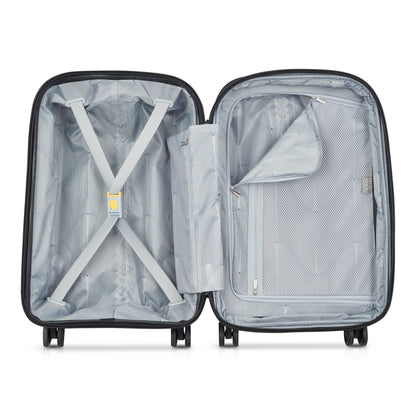 Interior aberto de mala de bordo expansível da DELSEY em azul intenso, com compartimentos organizadores e cintas de fixação para melhor arrumação em viagem.