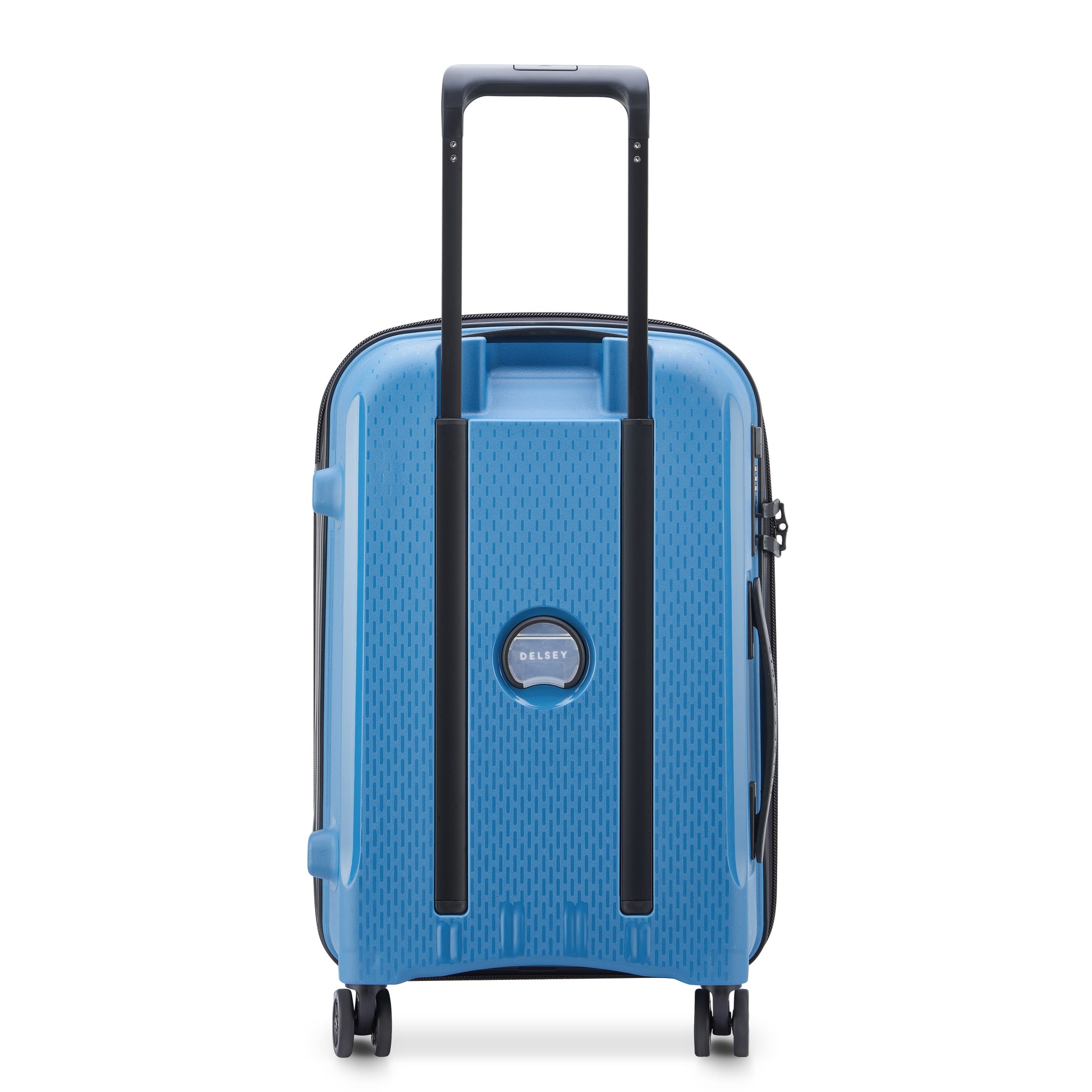 Mala de bordo azul intenso da DELSEY com design rígido, expansível, rodas giratórias e puxador telescópico, ideal para viagem com estilo e durabilidade premium.