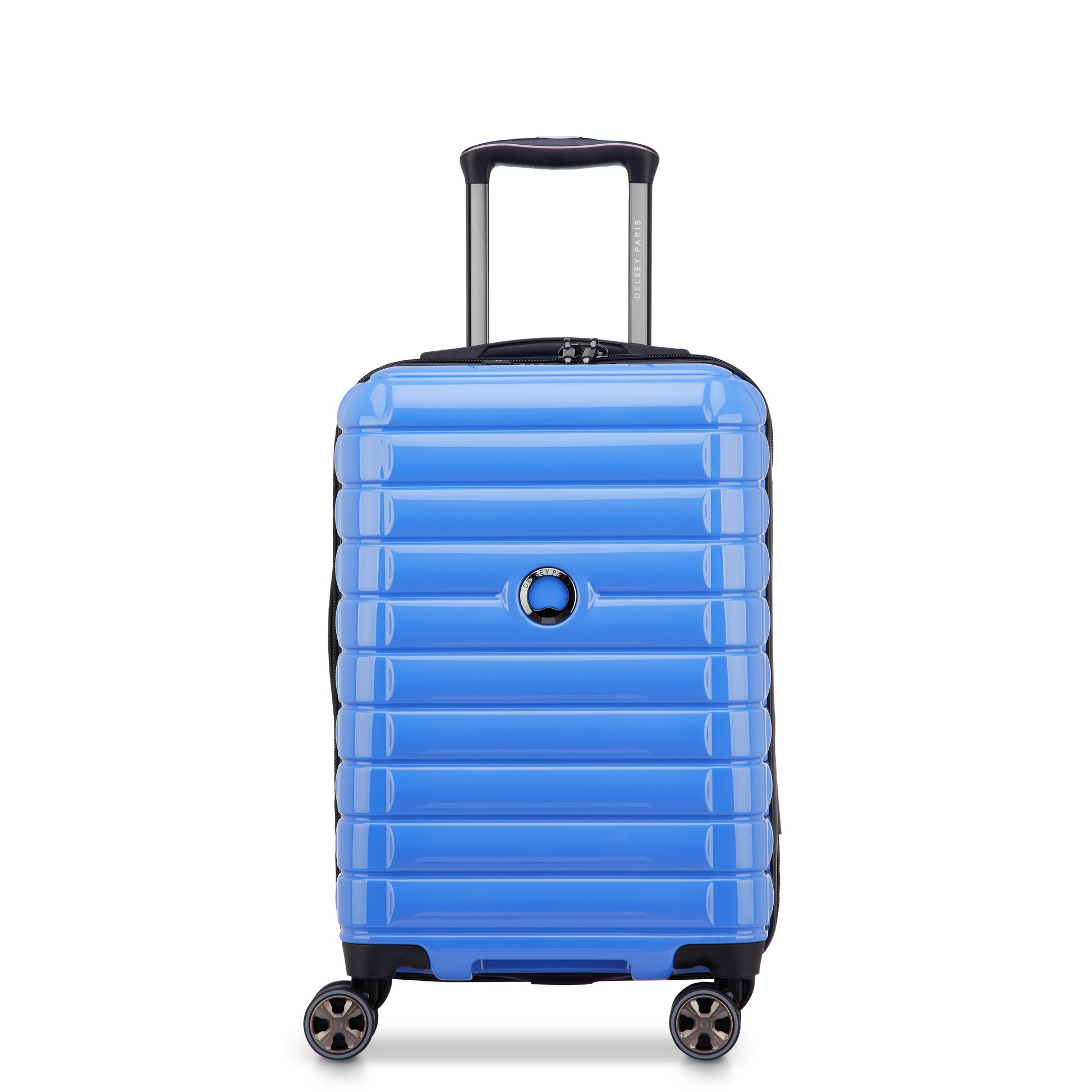 Mala de bordo expansível azul claro da DELSEY com design rígido, rodas giratórias e puxador retrátil, ideal para viagens com qualidade e durabilidade premium.