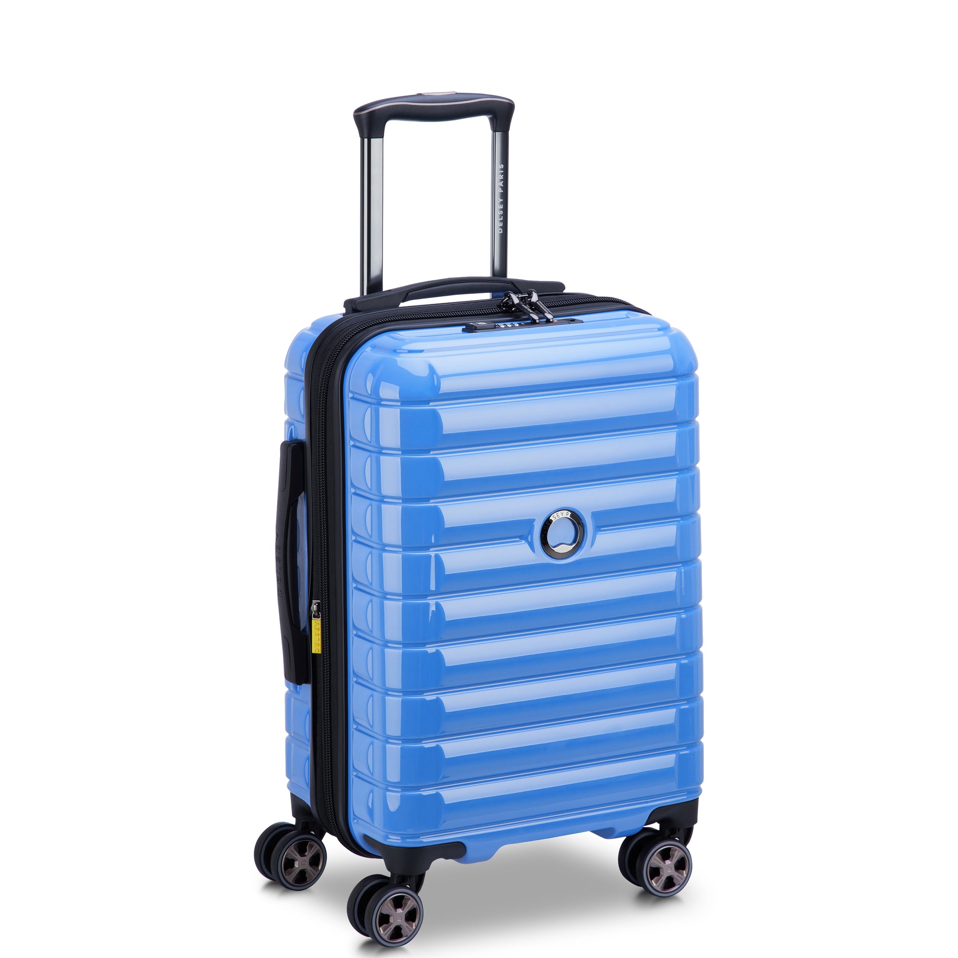 Mala de bordo azul claro expansível da DELSEY, com design resistente em polipropileno, zíper antifurto, alça retrátil e rodízios 360º para máxima mobilidade.