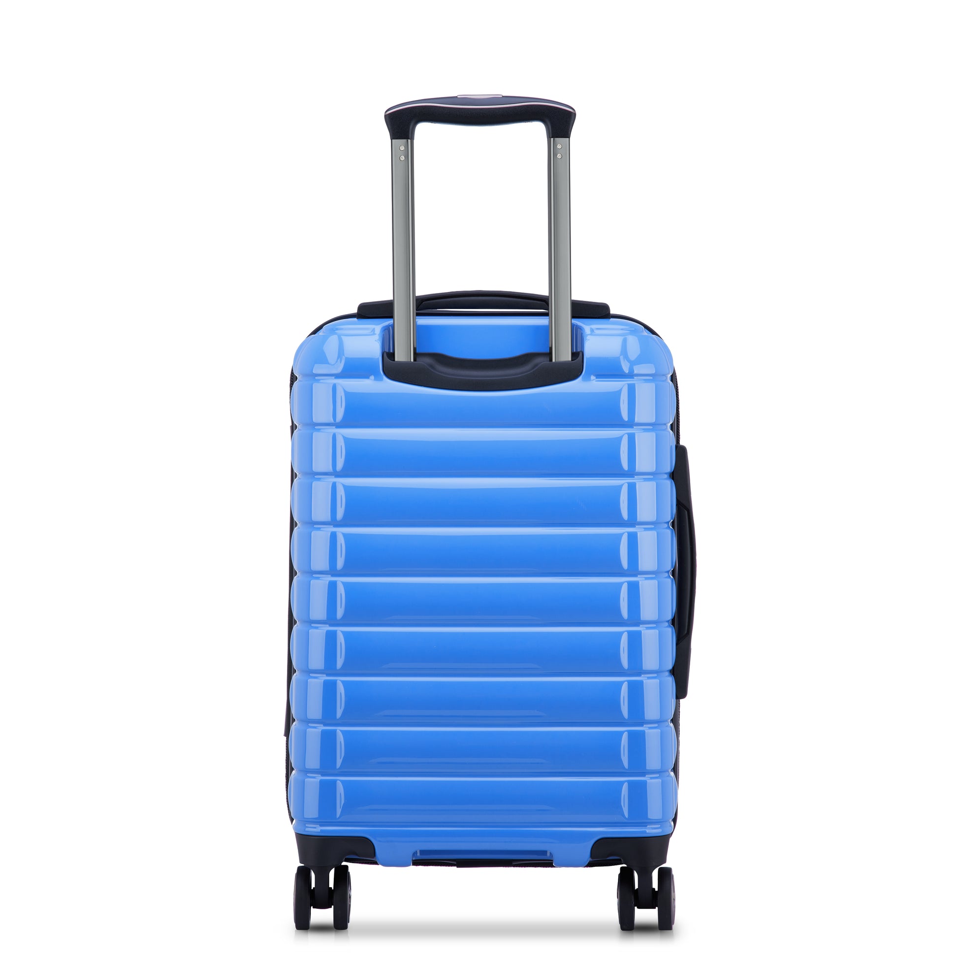 Mala de bordo azul claro rígida e expansível com rodas 360° e alça telescópica, marca DELSEY, ideal para viagem com design durável e funcionalidade premium.