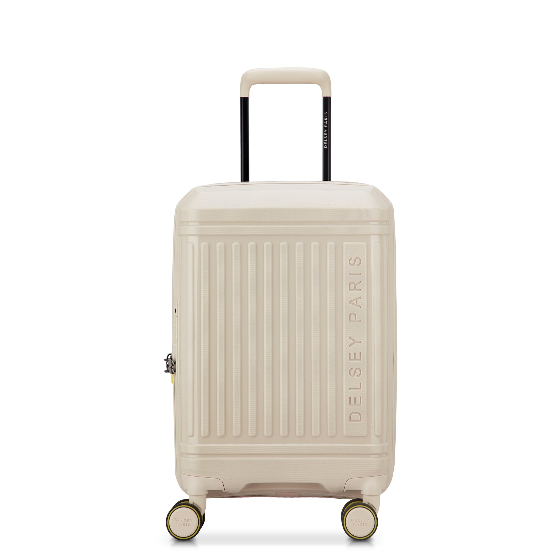 Mala de bordo expansível bege claro da DELSEY, com design rígido, rodas giratórias e puxador telescópico, ideal para viagens com padrão ANAC e durabilidade premium.