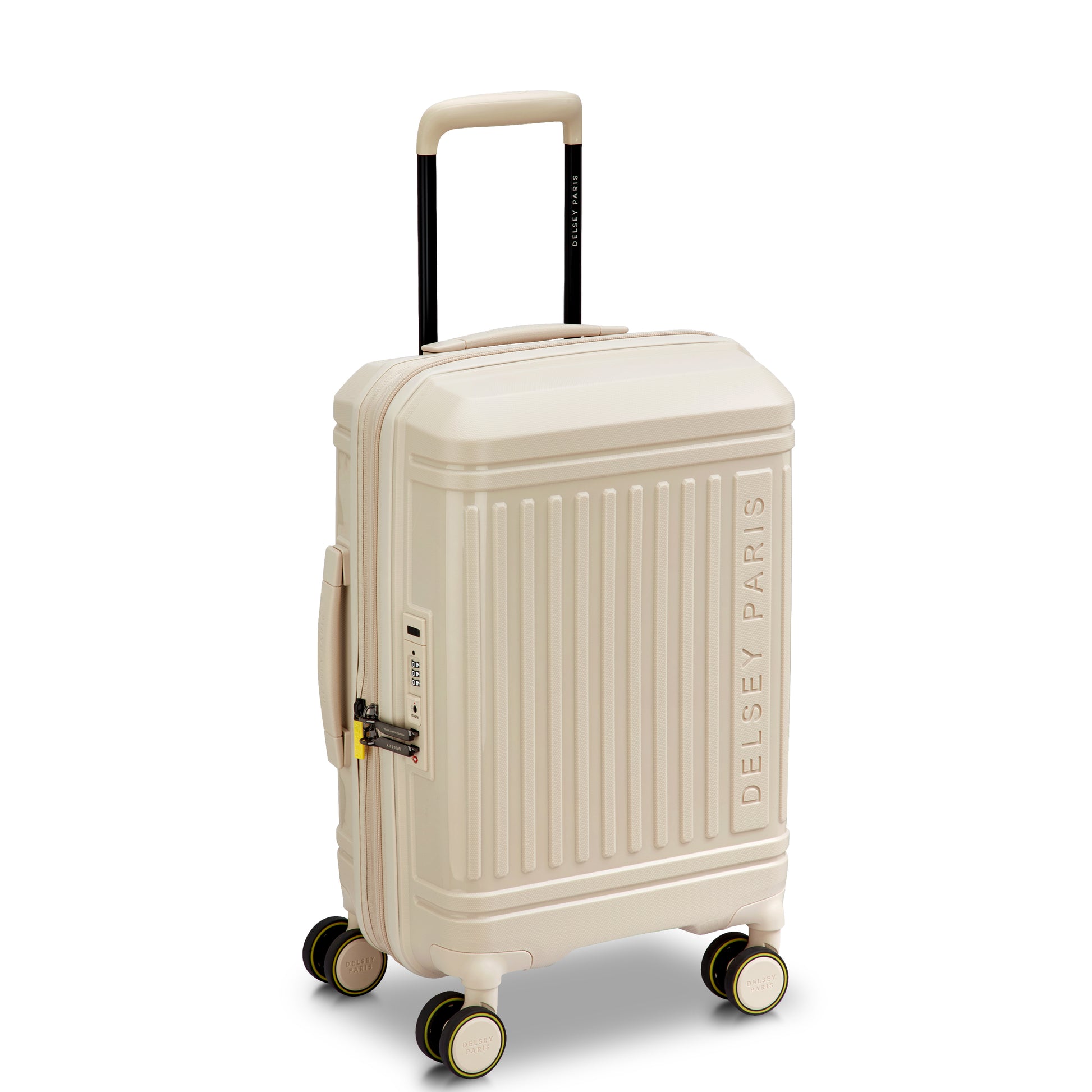 Mala de bordo expansível bege claro da DELSEY com fechamento em zíper, rodas duplas giratórias e design rígido, ideal para viagens com alta durabilidade e acabamento premium.