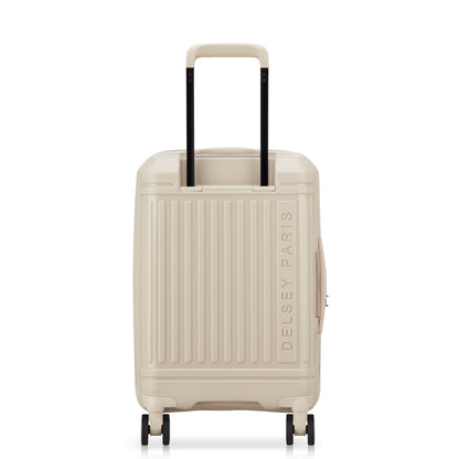 Mala de bordo expansível bege claro da DELSEY com design rígido, rodas 360 graus e alça retrátil para facilitar o transporte em viagens.