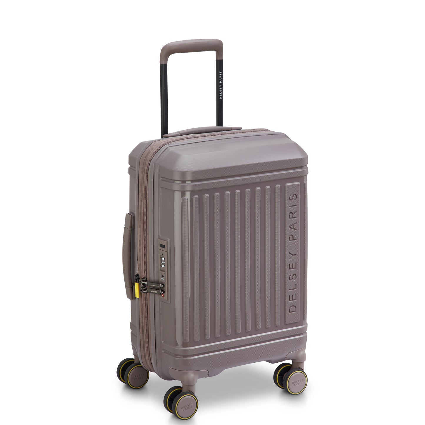 Mala de bordo expansível DELSEY castanho claro com zíper antifurto, quatro rodinhas giratórias e alça retrátil, ideal para viagens com alta durabilidade e design sofisticado.