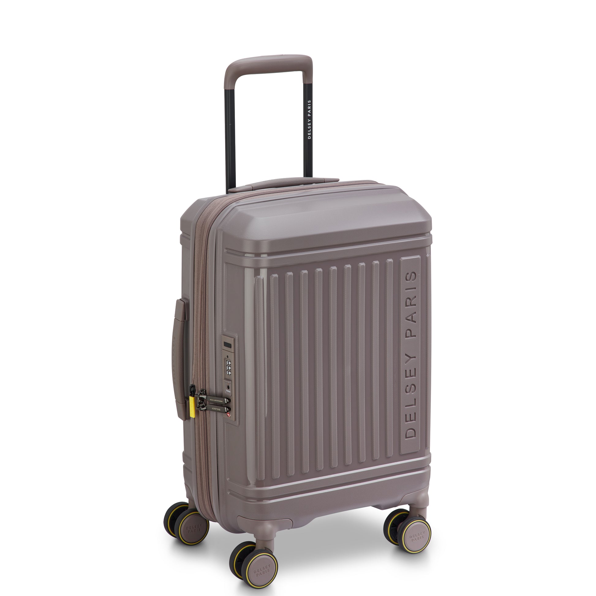 Mala de bordo expansível DELSEY castanho claro com zíper antifurto, quatro rodinhas giratórias e alça retrátil, ideal para viagens com alta durabilidade e design sofisticado.