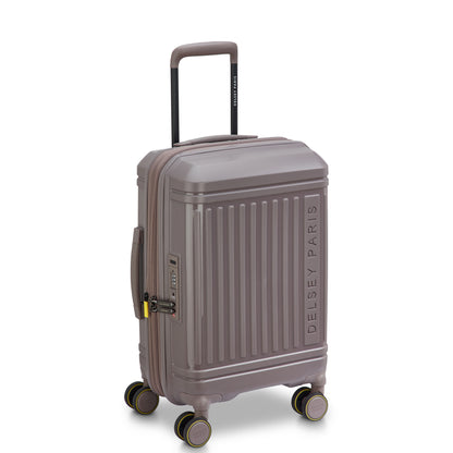Mala de bordo expansível DELSEY castanho claro com zíper antifurto, quatro rodinhas giratórias e alça retrátil, ideal para viagens com alta durabilidade e design sofisticado.