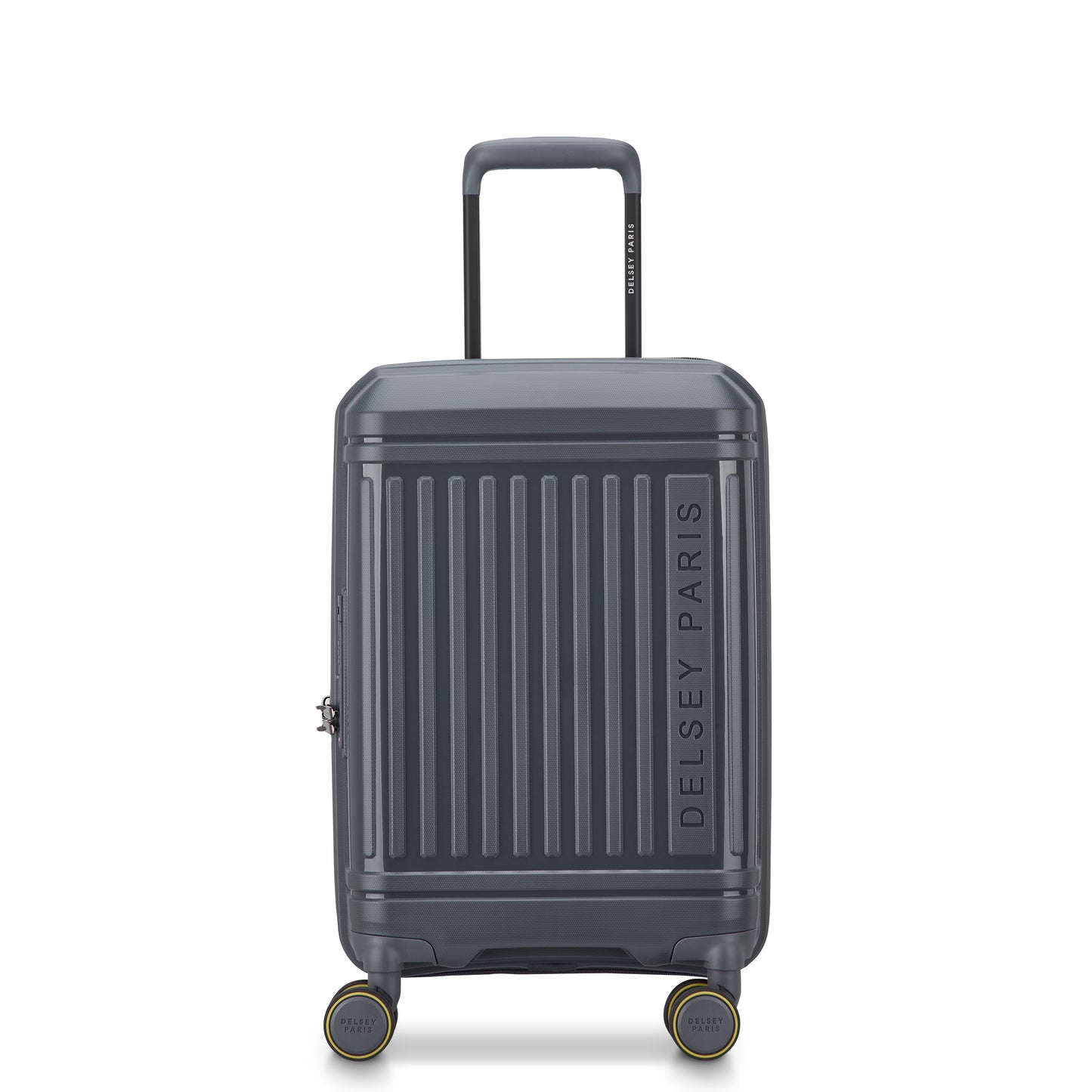 Mala de bordo expansível cinza escuro da DELSEY, com design rígido, quatro rodas giratórias e alça telescópica resistente para viagens práticas e seguras.
