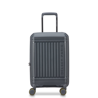 Mala de bordo expansível cinza escuro da DELSEY, com design rígido, quatro rodas giratórias e alça telescópica resistente para viagens práticas e seguras.