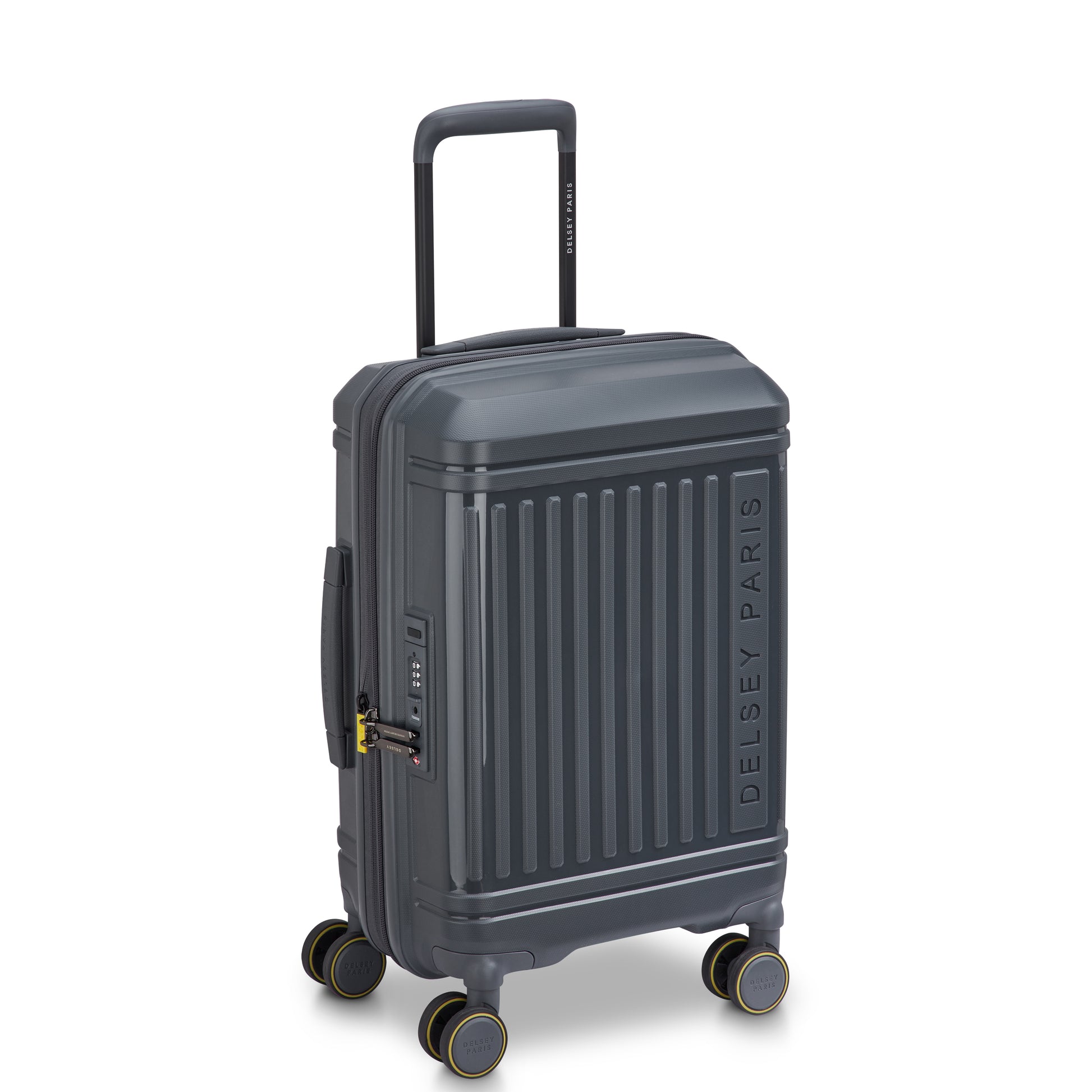 Mala de bordo expansível em cinza escuro da DELSEY, com design rígido, rodas 360° e alça telescópica, ideal para viagens com durabilidade e estilo premium.