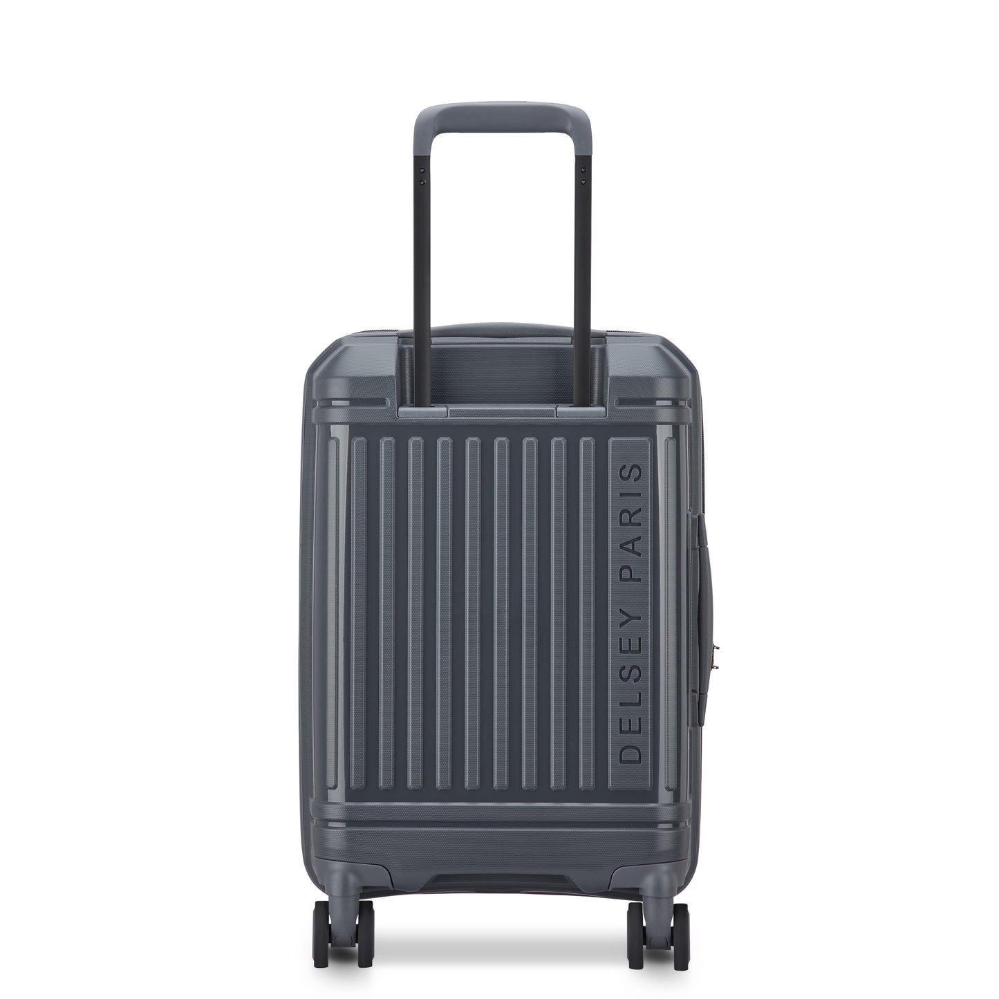Mala de bordo expansível cinza escuro da DELSEY, com design rígido, rodas giratórias e alça retrátil, ideal para viagens com estilo e durabilidade premium.