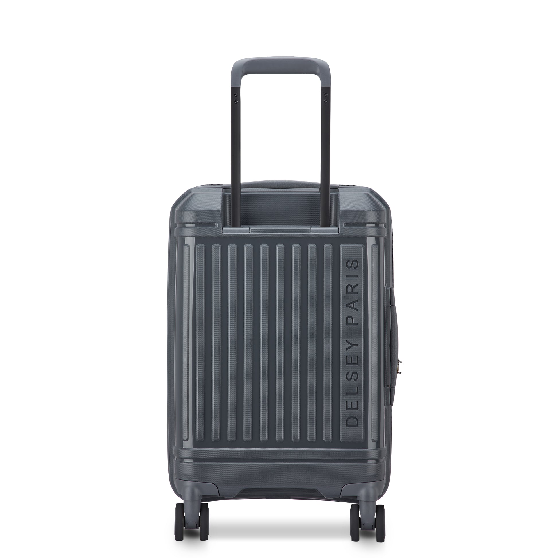 Mala de bordo expansível cinza escuro da DELSEY, com design rígido, rodas giratórias e alça retrátil, ideal para viagens com estilo e durabilidade premium.